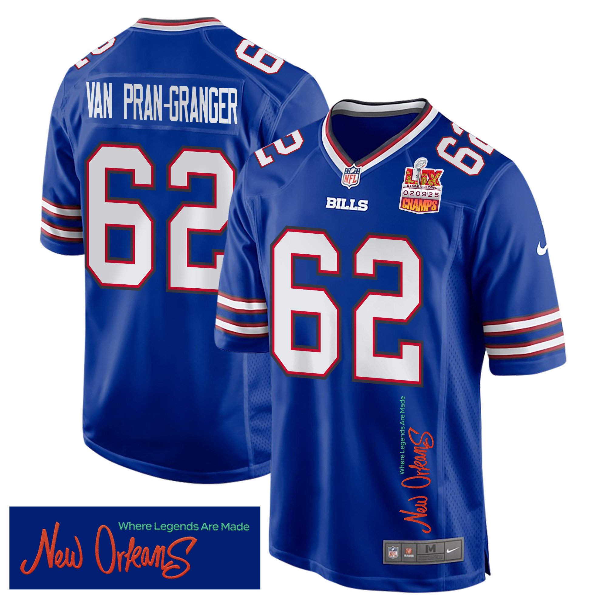 Sedrick Van Pran-Granger 62 Buffalo Bills Super Bowl LIX Champions Patch New Orleans Where Legends Are Made' EMBROIDERED Game Royal NFL Jersey Men's
