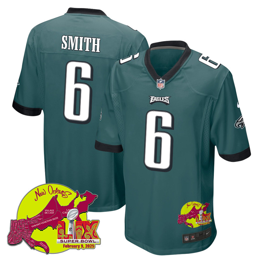DeVonta Smith 6 Philadelphia Eagles Super Bowl LIX New Orleans Patch Game Midnight Green NFL Jersey Men's
