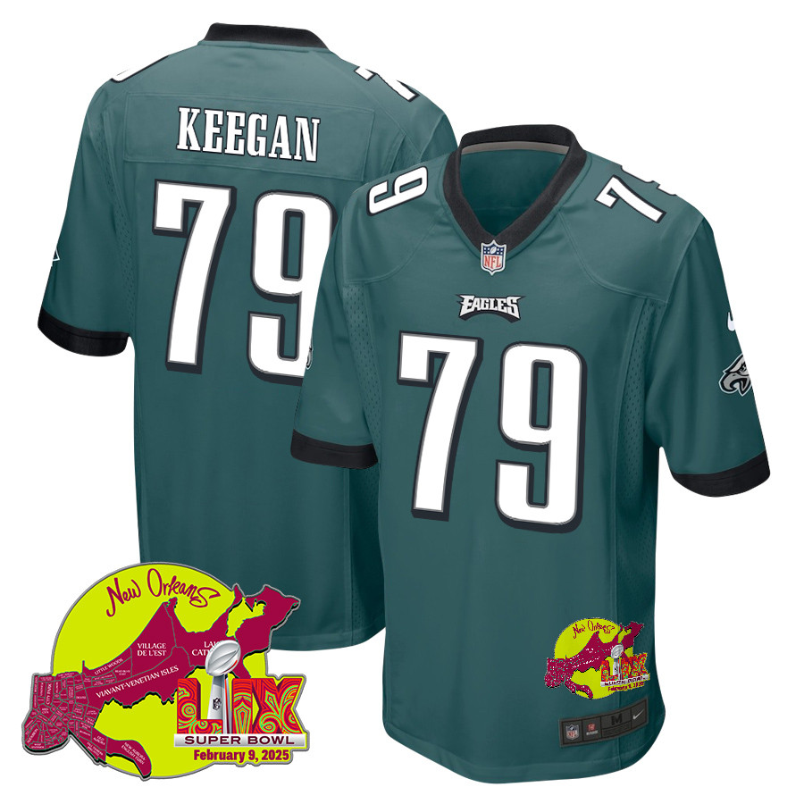 Trevor Keegan 79 Philadelphia Eagles Super Bowl LIX New Orleans Patch Game Midnight Green NFL Jersey Men's