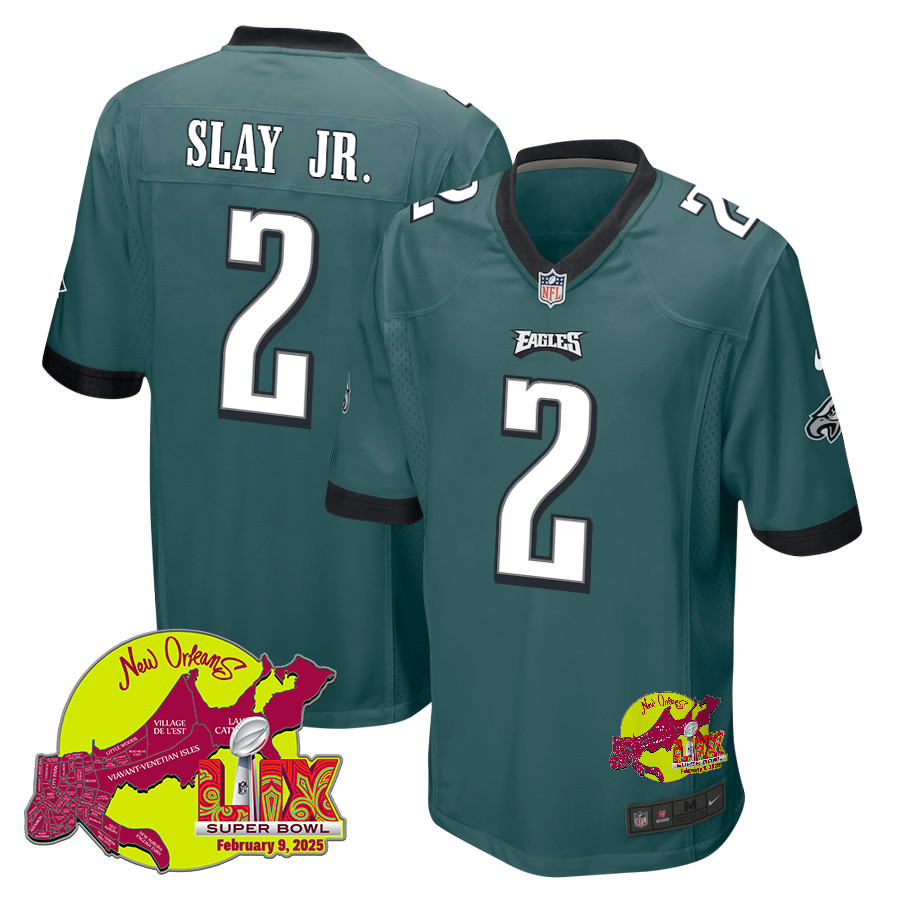 Darius Slay Jr. 2 Philadelphia Eagles Super Bowl LIX New Orleans Patch Game Midnight Green NFL Jersey Men's