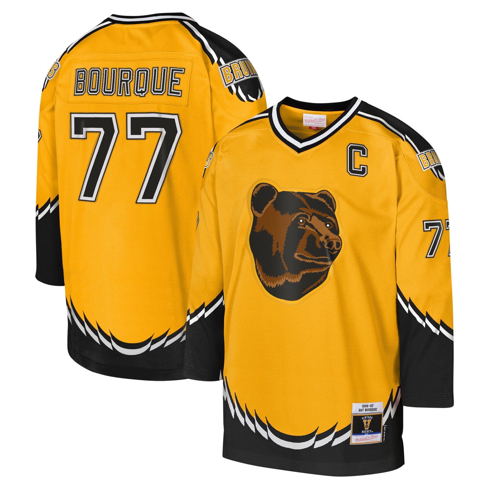Boston Bruins Ray Bourque Mitchell Ness Gold 1996-97 Blue Line Captain Patch Player NHL Jersey Youth