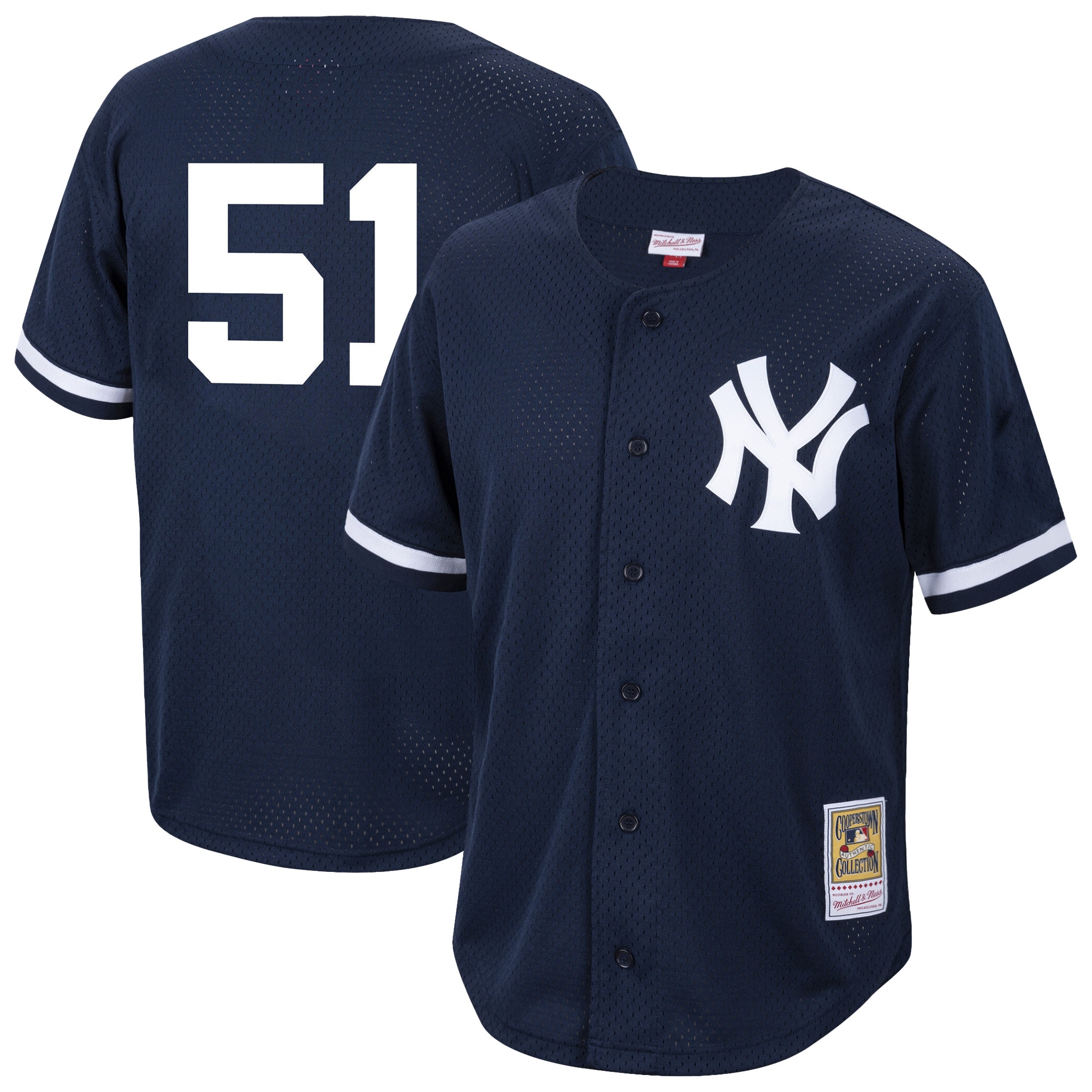 New York Yankees Bernie Williams Mitchell Ness Navy Cooperstown Collection Mesh Batting Practice Button-Up MLB Jersey Men's