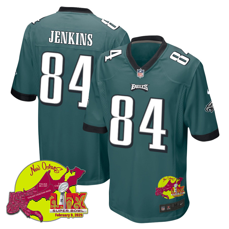 E.J. Jenkins 84 Philadelphia Eagles Super Bowl LIX New Orleans Patch Game Midnight Green NFL Jersey Men's