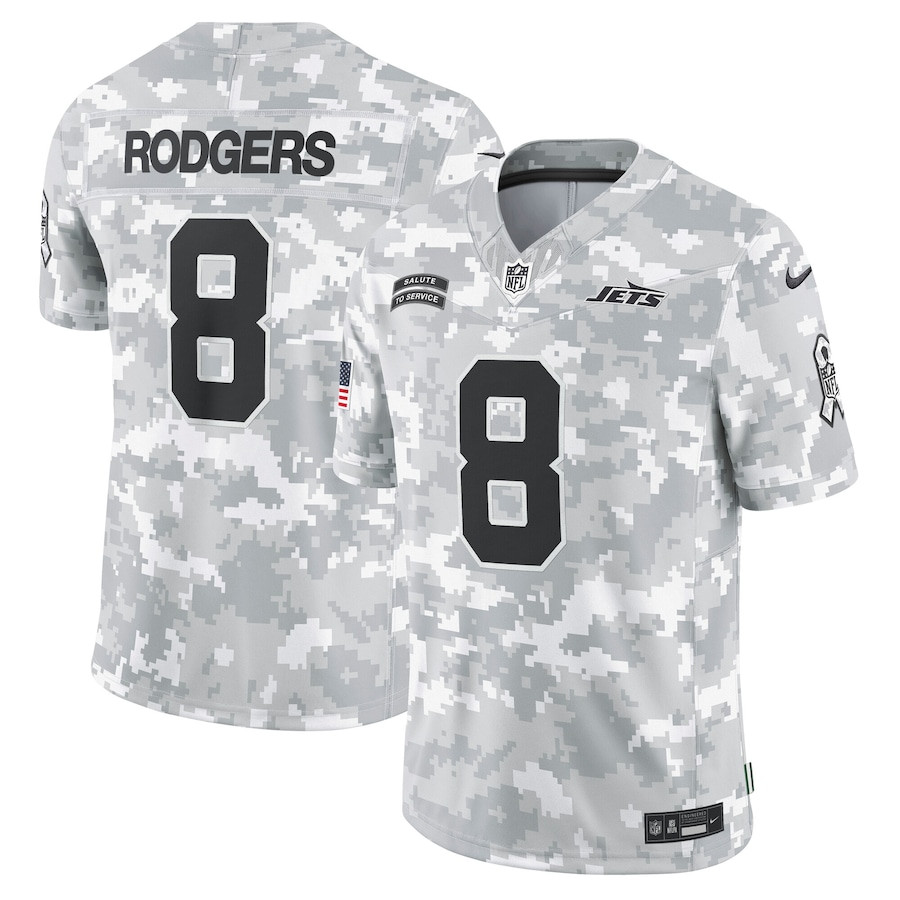 Aaron Rodgers 8 New York Jets 2024 Salute to Service Limited Arctic Camo NFL Jersey Men's