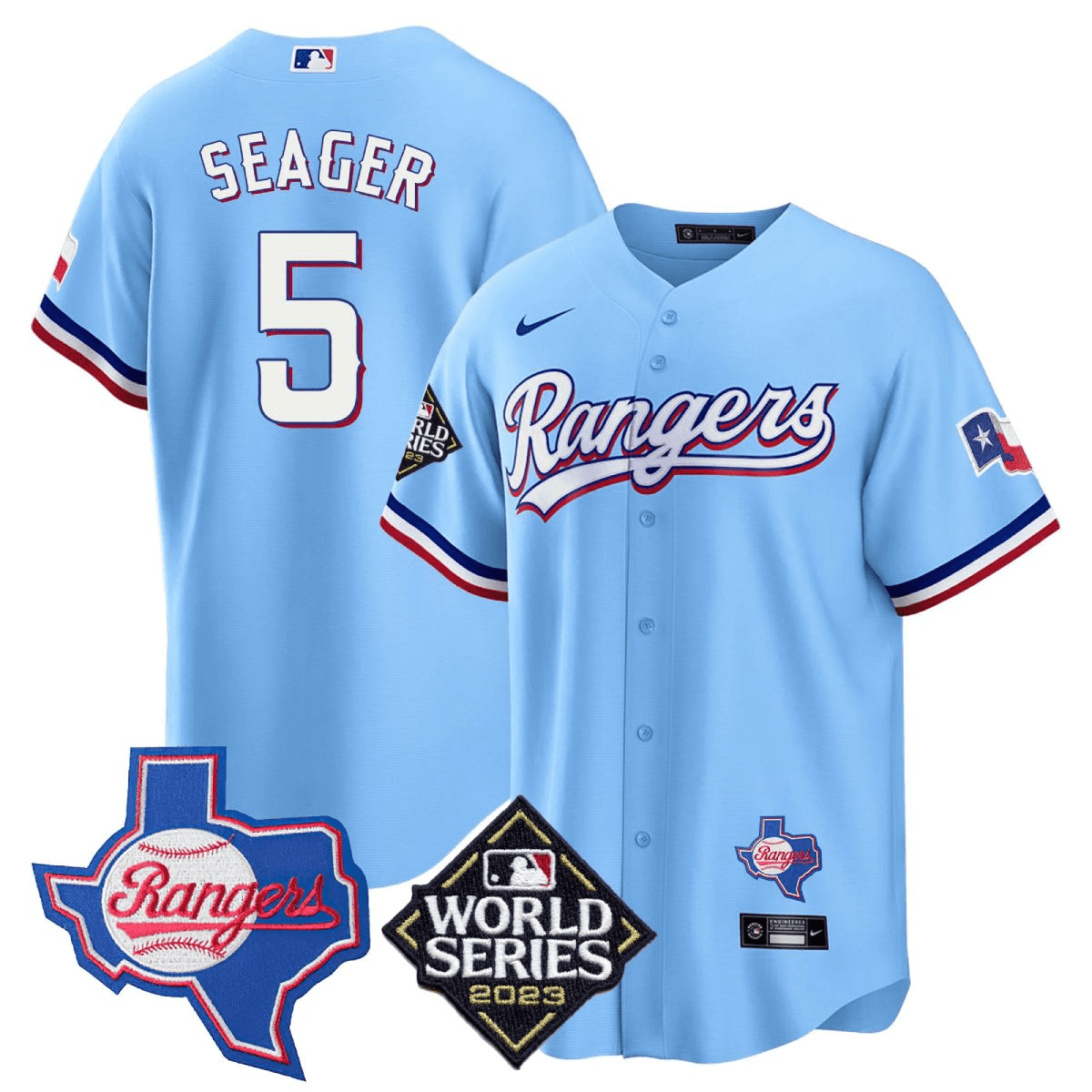 Corey Seager 5 Texas Rangers 2023 World Series Texas State Patch Blue MLB Jersey Men's
