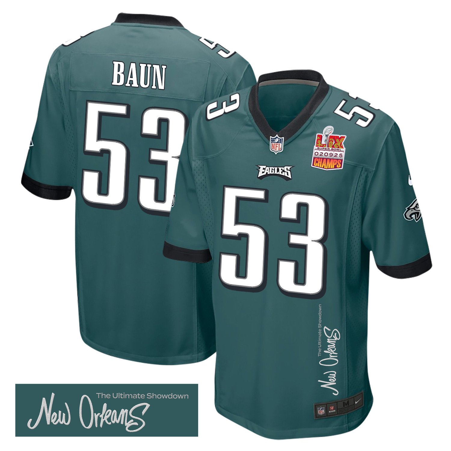 Zack Baun 53 Philadelphia Eagles Super Bowl LIX Champions Patch New Orleans The Ultimate Showdown' EMBROIDERED Game Midnight Green NFL Jersey Men's