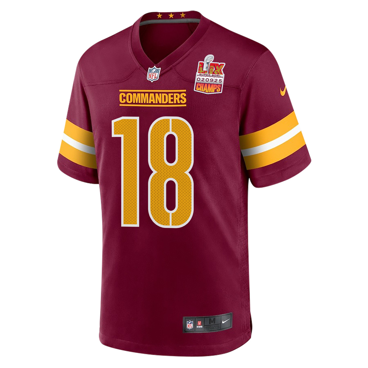Marcus Mariota 18 Washington Commanders Super Bowl LIX Champions Patch Game Burgundy NFL Jersey Men's