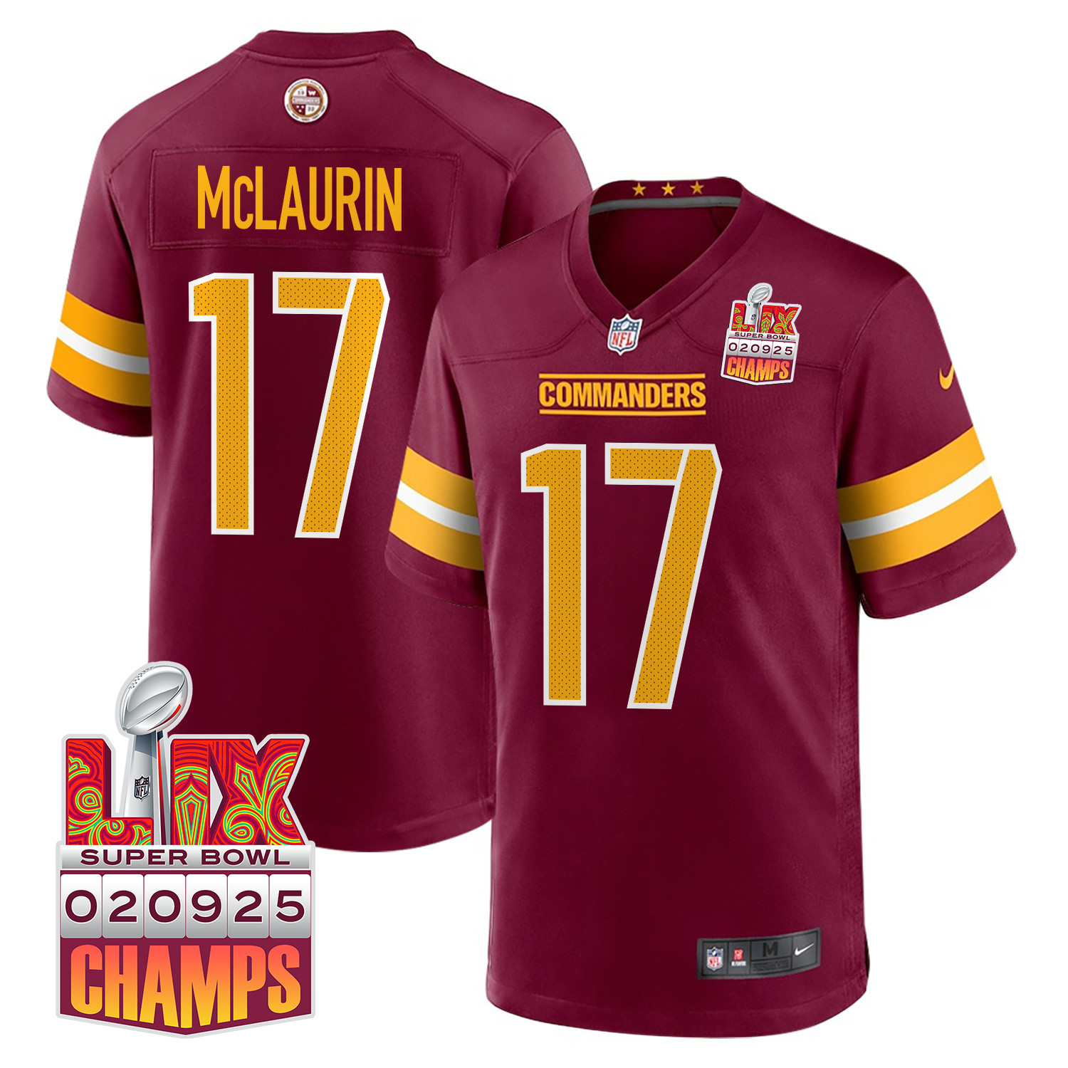 Terry McLaurin 17 Washington Commanders Super Bowl LIX Champions Patch Game Burgundy NFL Jersey Men's