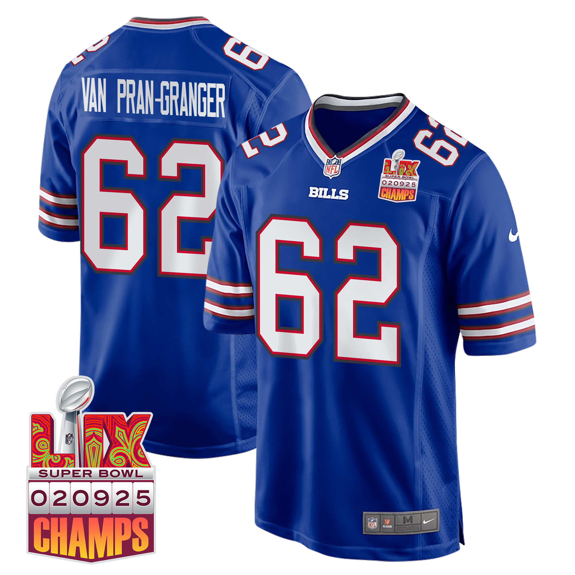 Sedrick Van Pran-Granger 62 Buffalo Bills Super Bowl LIX Champions Patch Game Royal NFL Jersey Men's