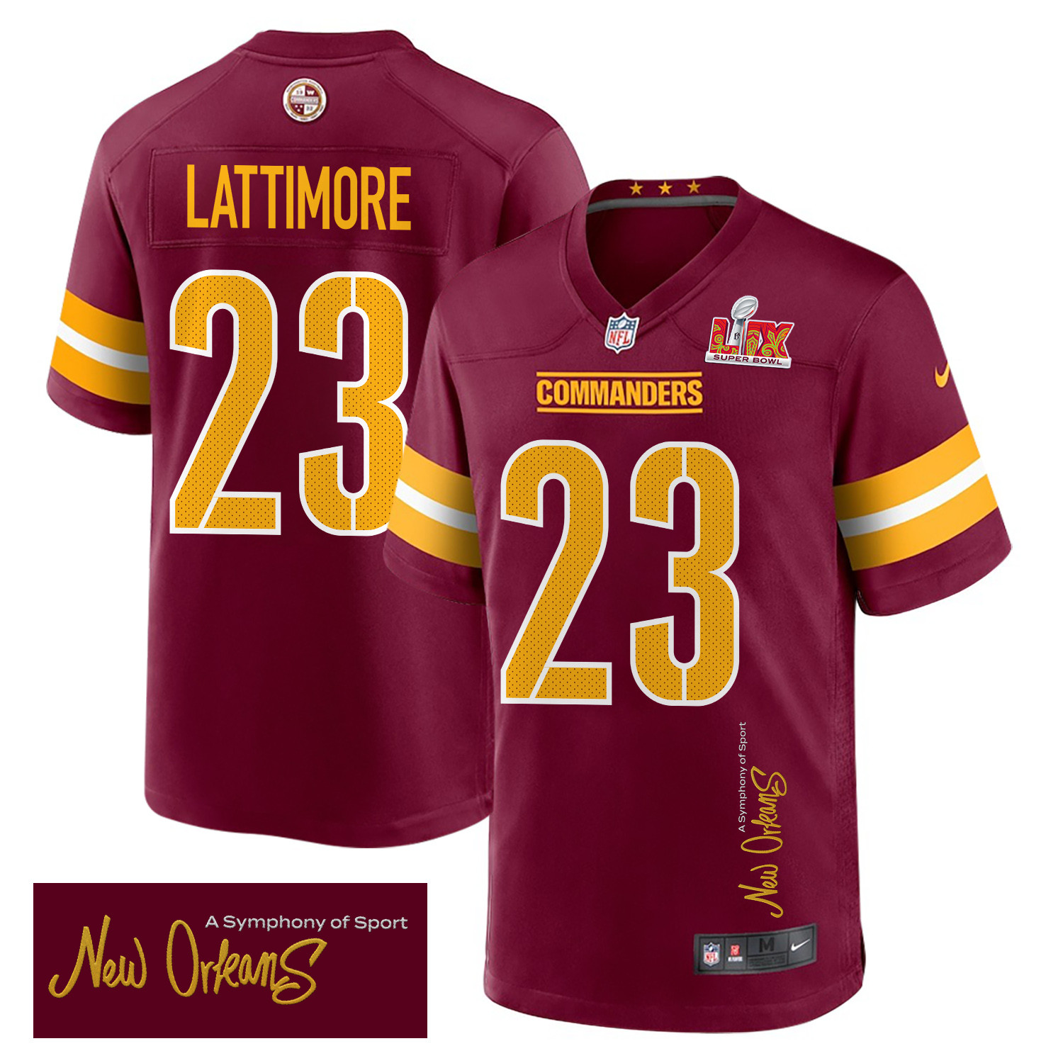 Marshon Lattimore 23 Washington Commanders Super Bowl LIX New Orleans A Symphony of Sport' EMBROIDERED Game Burgundy NFL Jersey Men's