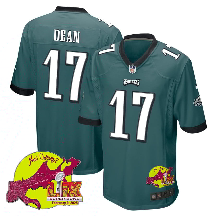 Nakobe Dean 17 Philadelphia Eagles Super Bowl LIX New Orleans Patch Game Midnight Green NFL Jersey Men's