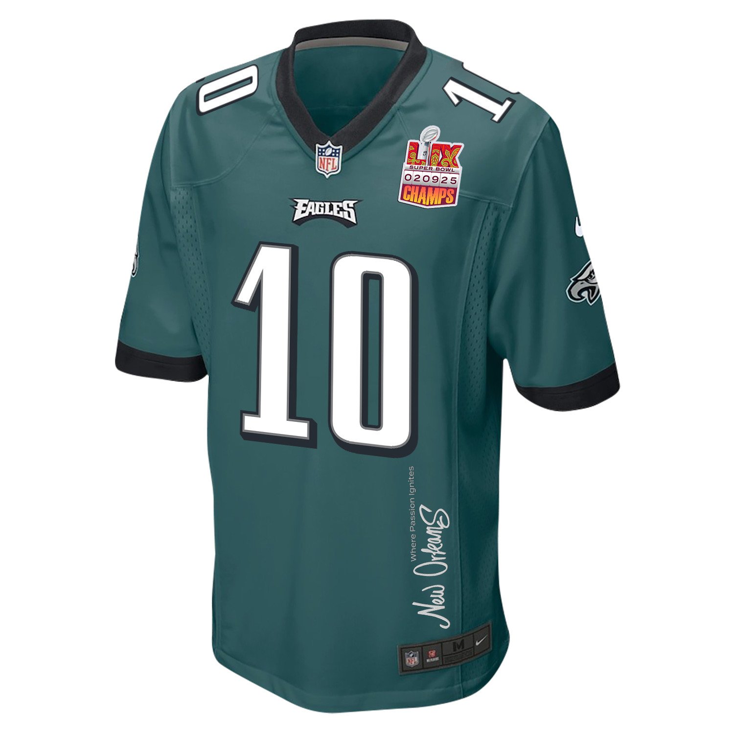 Braden Mann 10 Philadelphia Eagles Super Bowl LIX Champions Patch New Orleans Where Passion Ignites' EMBROIDERED Game Midnight Green NFL Jersey Men's