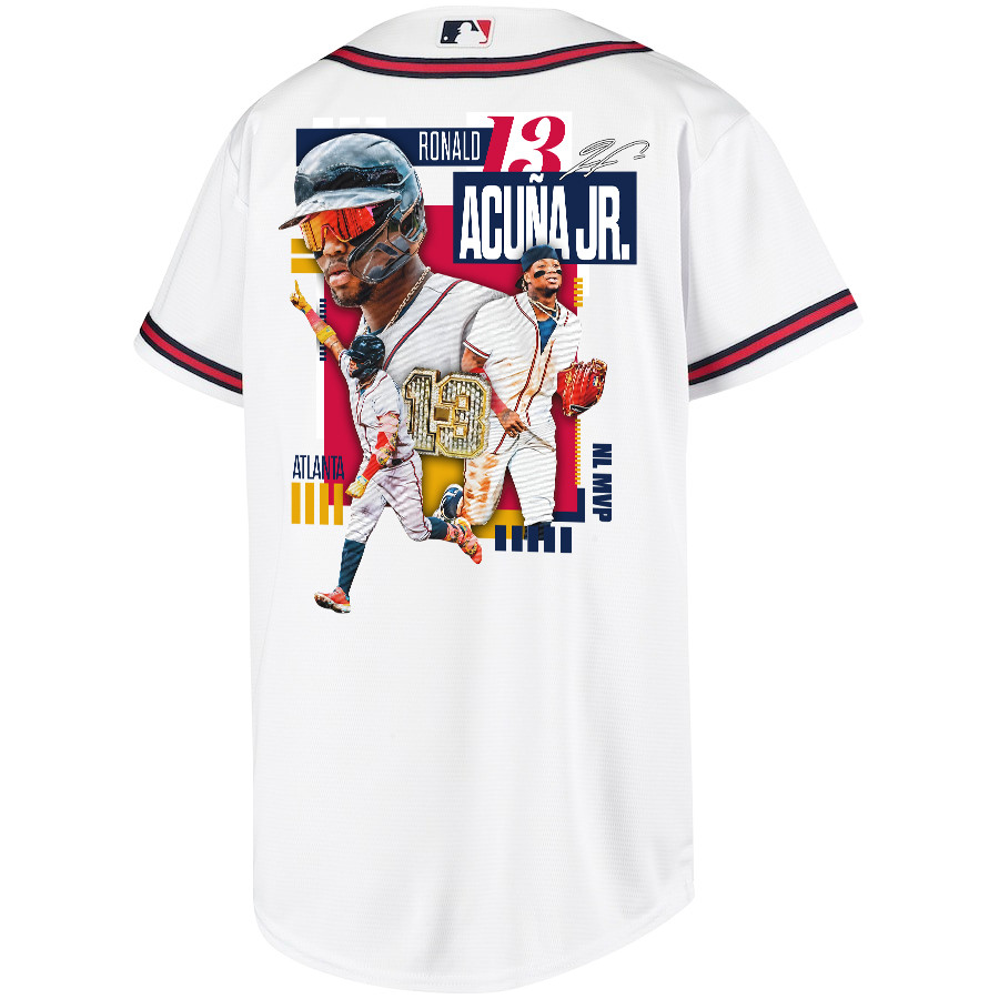 Ronald Acu?a Jr. 13 Atlanta Braves Signed MVP 2023 Home Player White Red MLB Jersey Youth