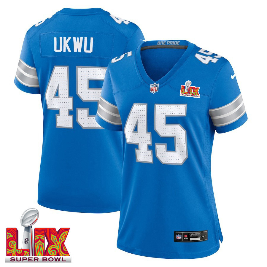 Isaac Ukwu #45 Detroit Lions Super Bowl LIX Blue NFL Jersey Women's