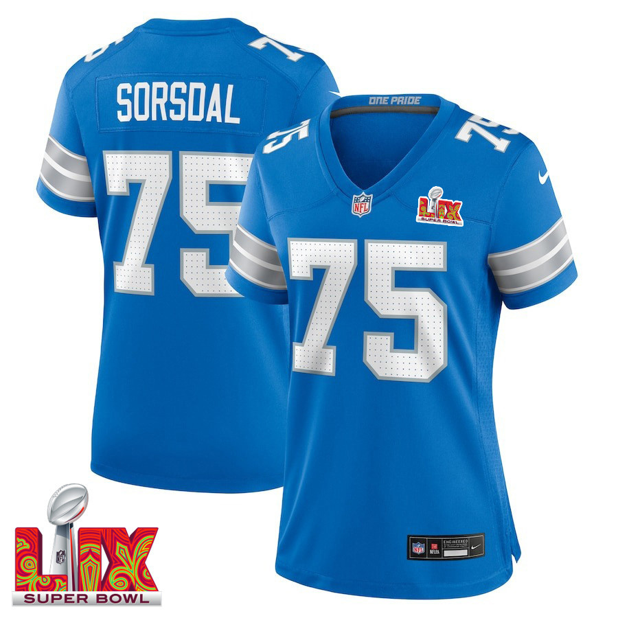 Colby Sorsdal #75 Detroit Lions Super Bowl LIX Blue NFL Jersey Women's