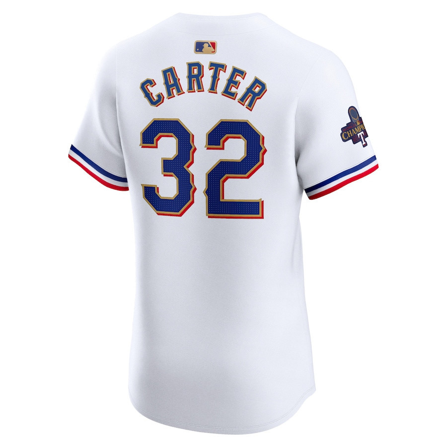 Evan Carter 32 Texas Rangers 2024 Gold Collection ELITE Player White MLB Jersey Men's