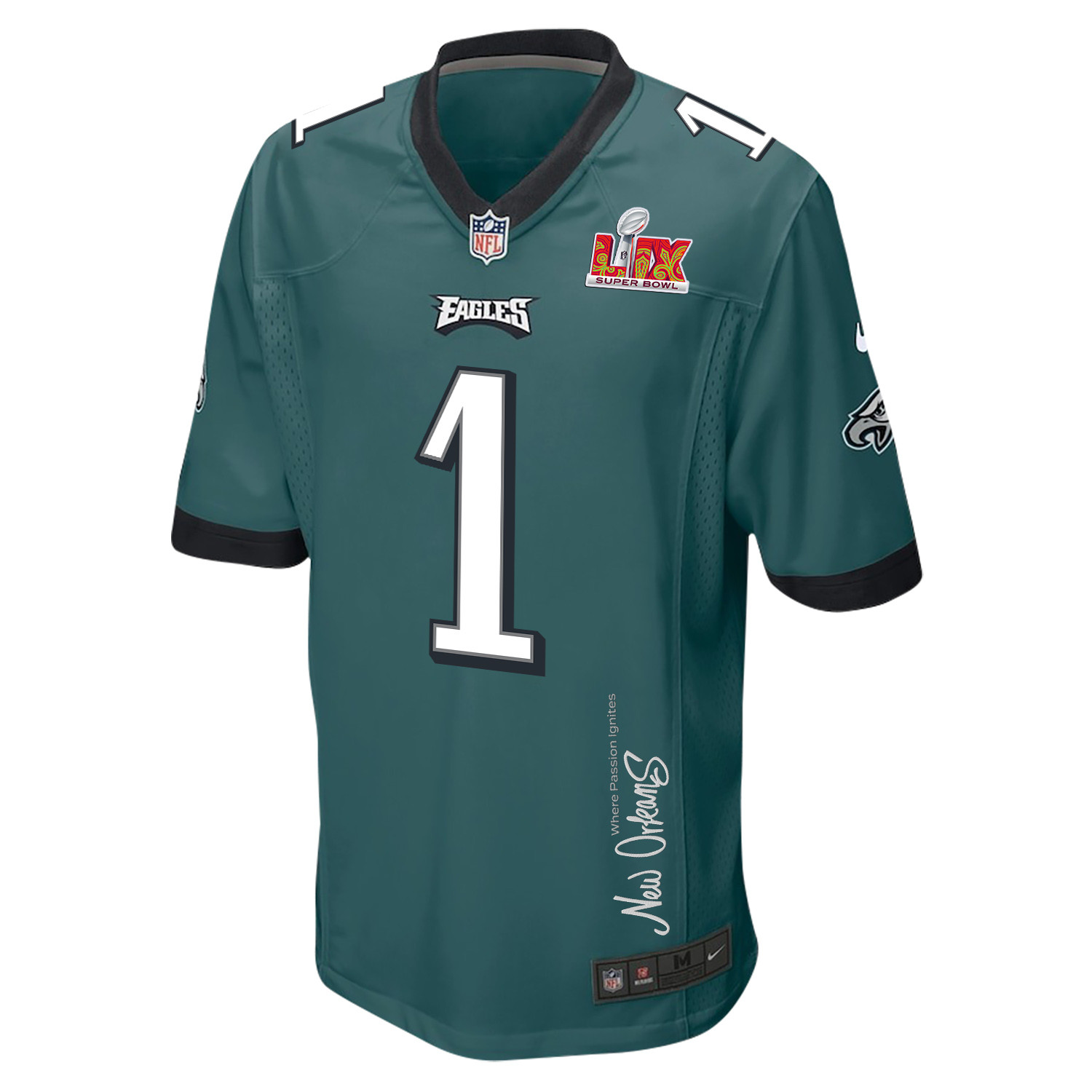 Jalen Hurts 1 Philadelphia Eagles Super Bowl LIX New Orleans Where Passion Ignites' EMBROIDERED Game Midnight Green NFL Jersey Men's
