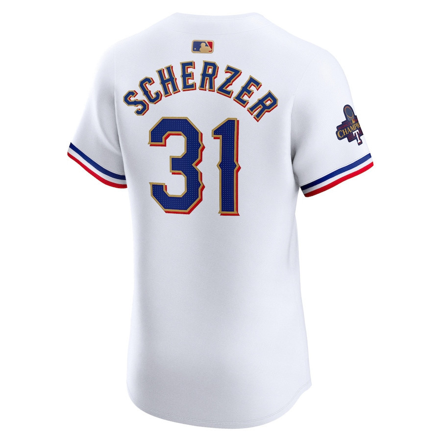 Max Scherzer 31 Texas Rangers 2024 Gold Collection ELITE Player White MLB Jersey Men's