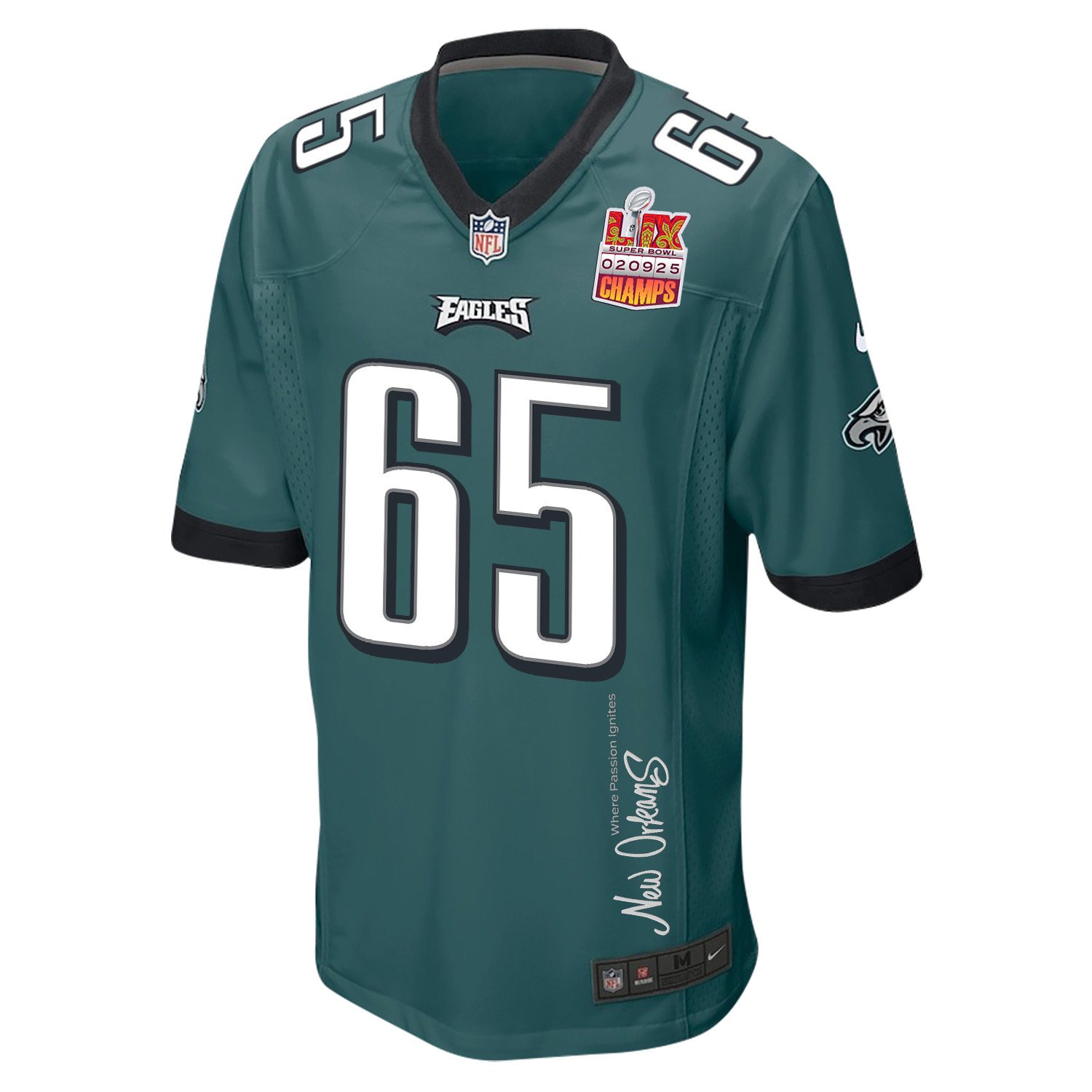 Lane Johnson 65 Philadelphia Eagles Super Bowl LIX Champions Patch New Orleans Where Passion Ignites' EMBROIDERED Game Midnight Green NFL Jersey Men's