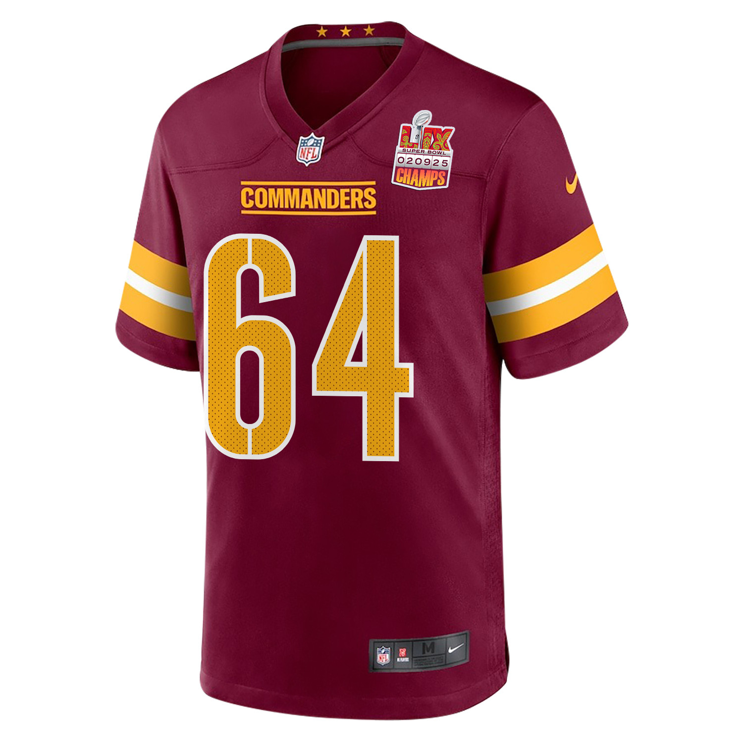 Sheldon Day 64 Washington Commanders Super Bowl LIX Champions Patch Game Burgundy NFL Jersey Men's