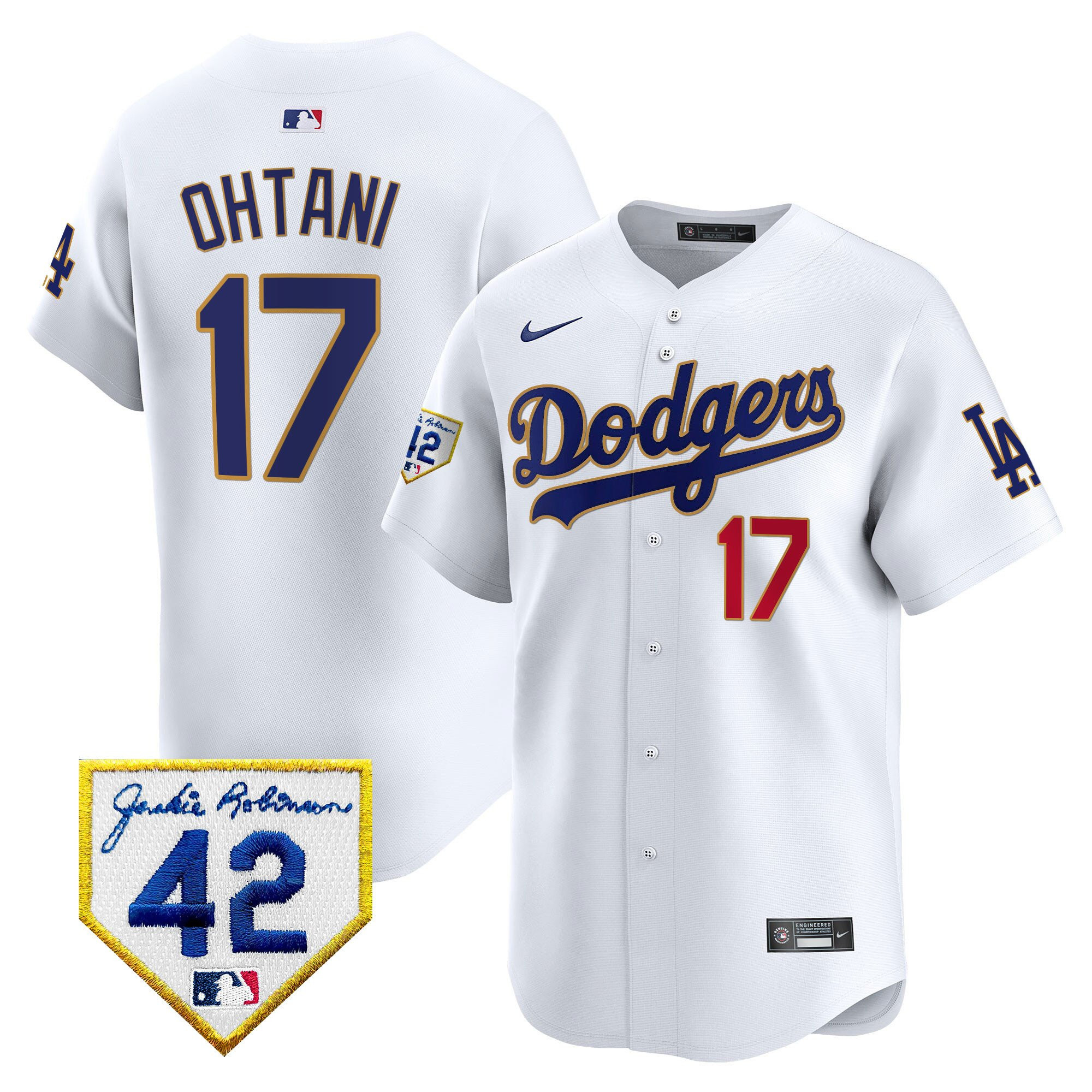 Shohei Ohtani 17 Los Angeles Dodgers 2024 Jackie Robinson Patch White MLB Jersey Men's