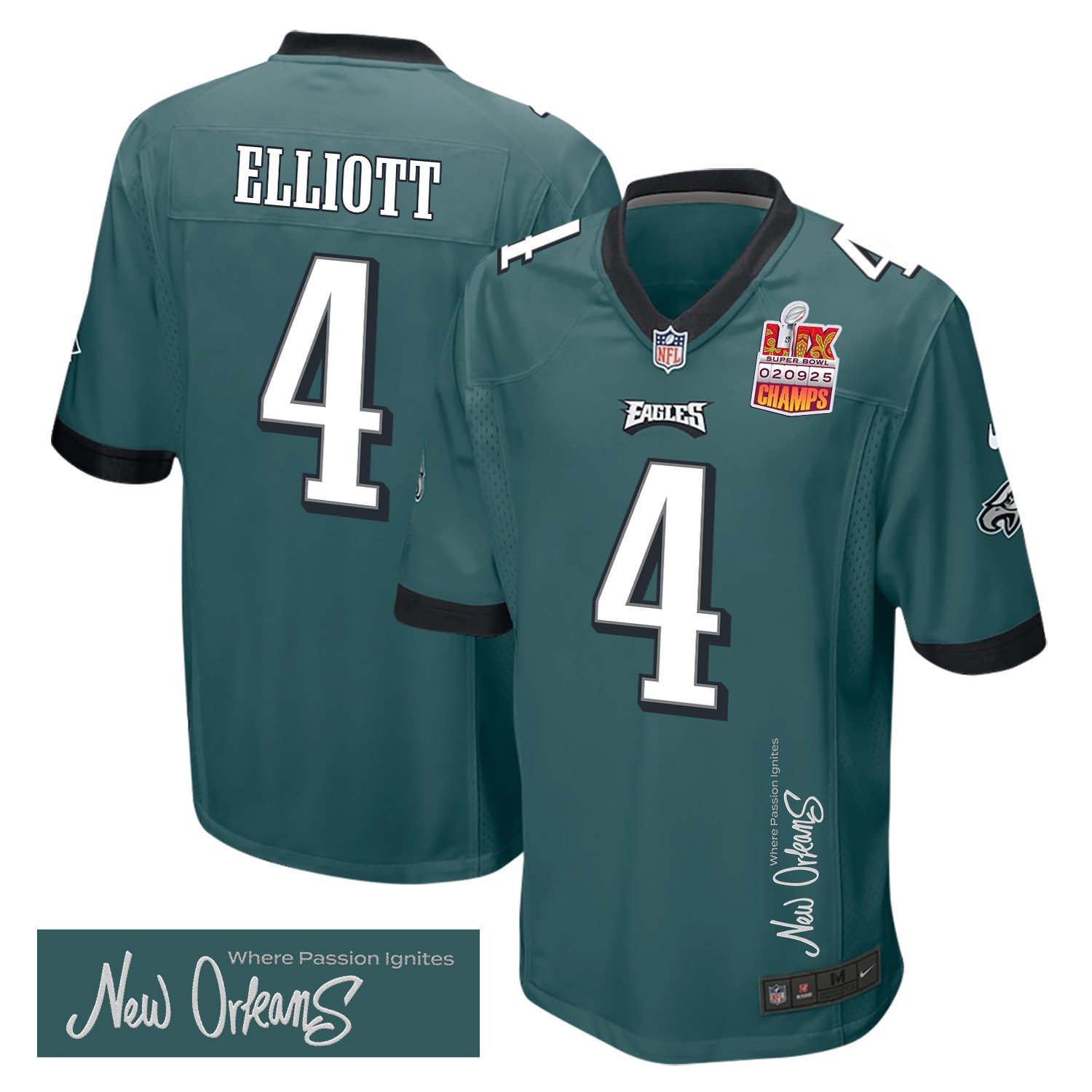 Jake Elliott 4 Philadelphia Eagles Super Bowl LIX Champions Patch New Orleans Where Passion Ignites' EMBROIDERED Game Midnight Green NFL Jersey Men's