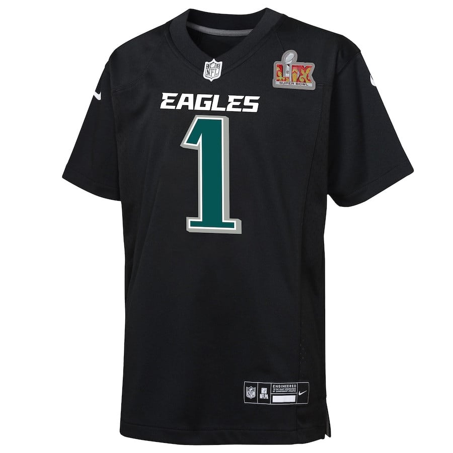 Jalen Hurts 1 Philadelphia Eagles Super Bowl LIX Patch Fashion Game Player Carbon Black NFL Jersey Youth