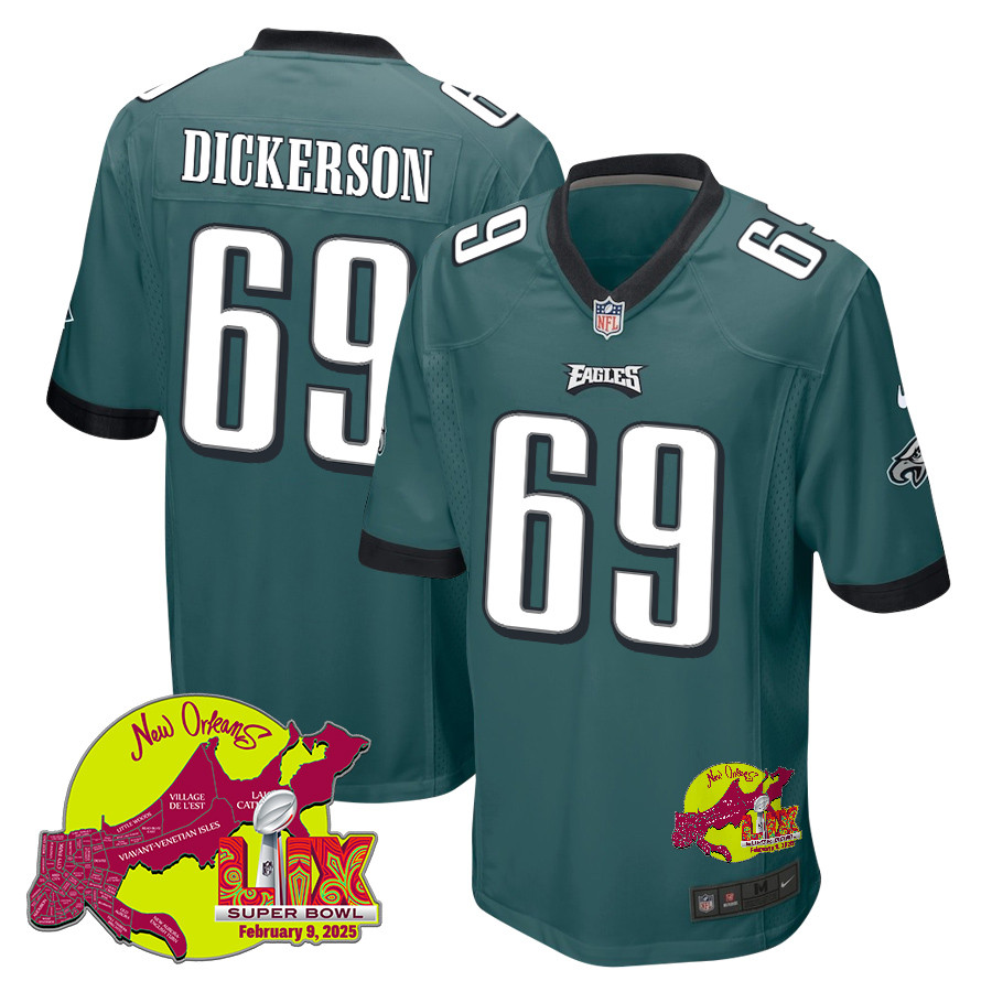 Landon Dickerson 69 Philadelphia Eagles Super Bowl LIX New Orleans Patch Game Midnight Green NFL Jersey Men's