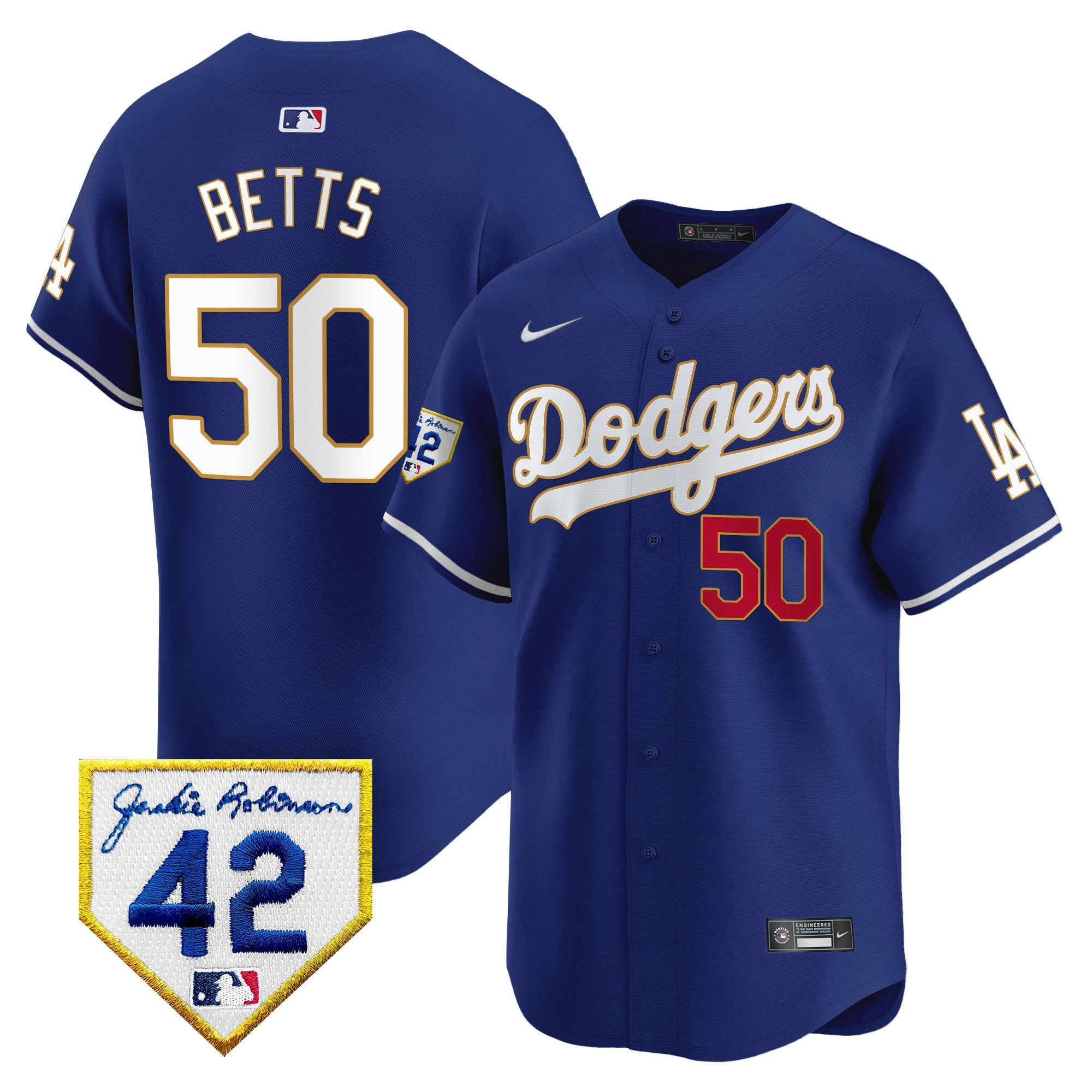 Mookie Betts 50 Los Angeles Dodgers 2024 Jackie Robinson Patch Royal MLB Jersey Men's