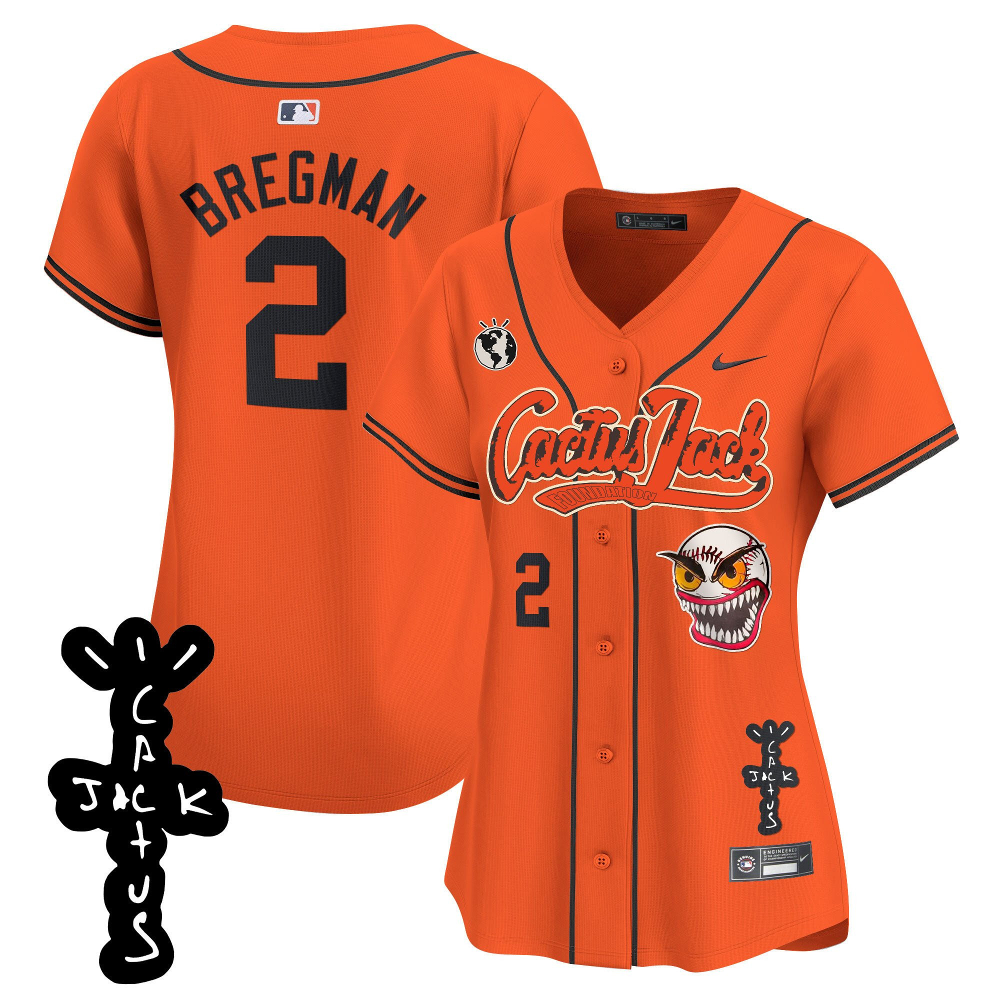 Alex Bregman 2 Houston Astros Cactus Jack Patch V2 Orange MLB Jersey Women's