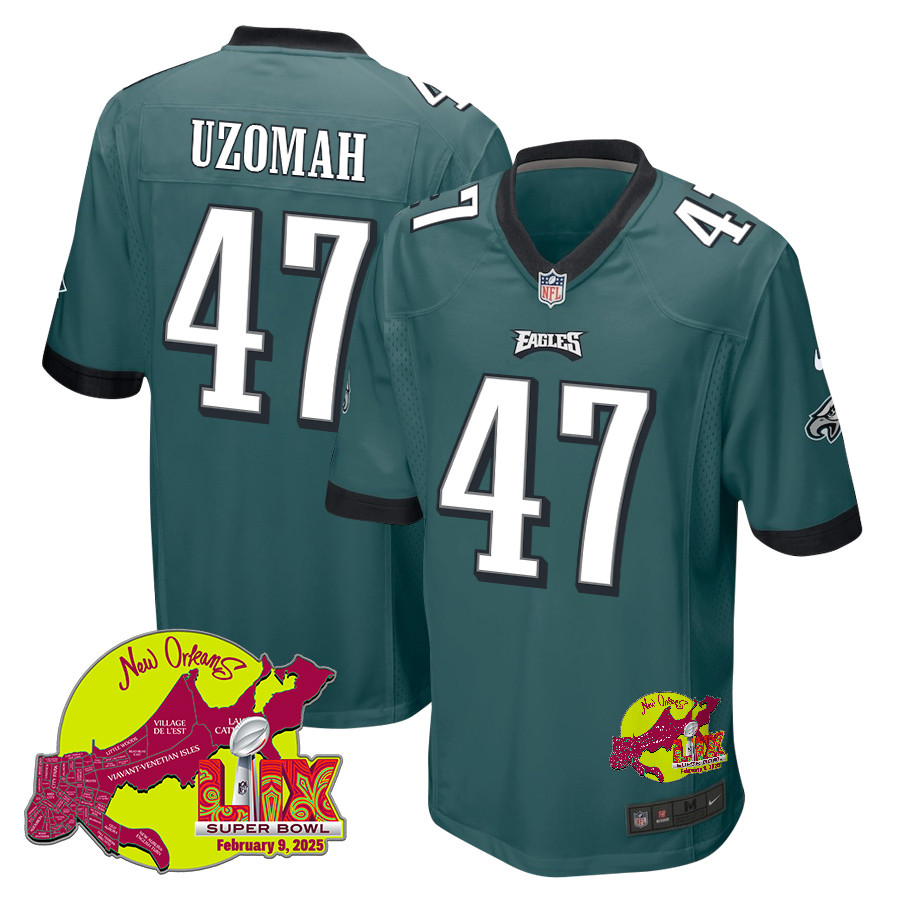C.J. Uzomah 47 Philadelphia Eagles Super Bowl LIX New Orleans Patch Game Midnight Green NFL Jersey Men's
