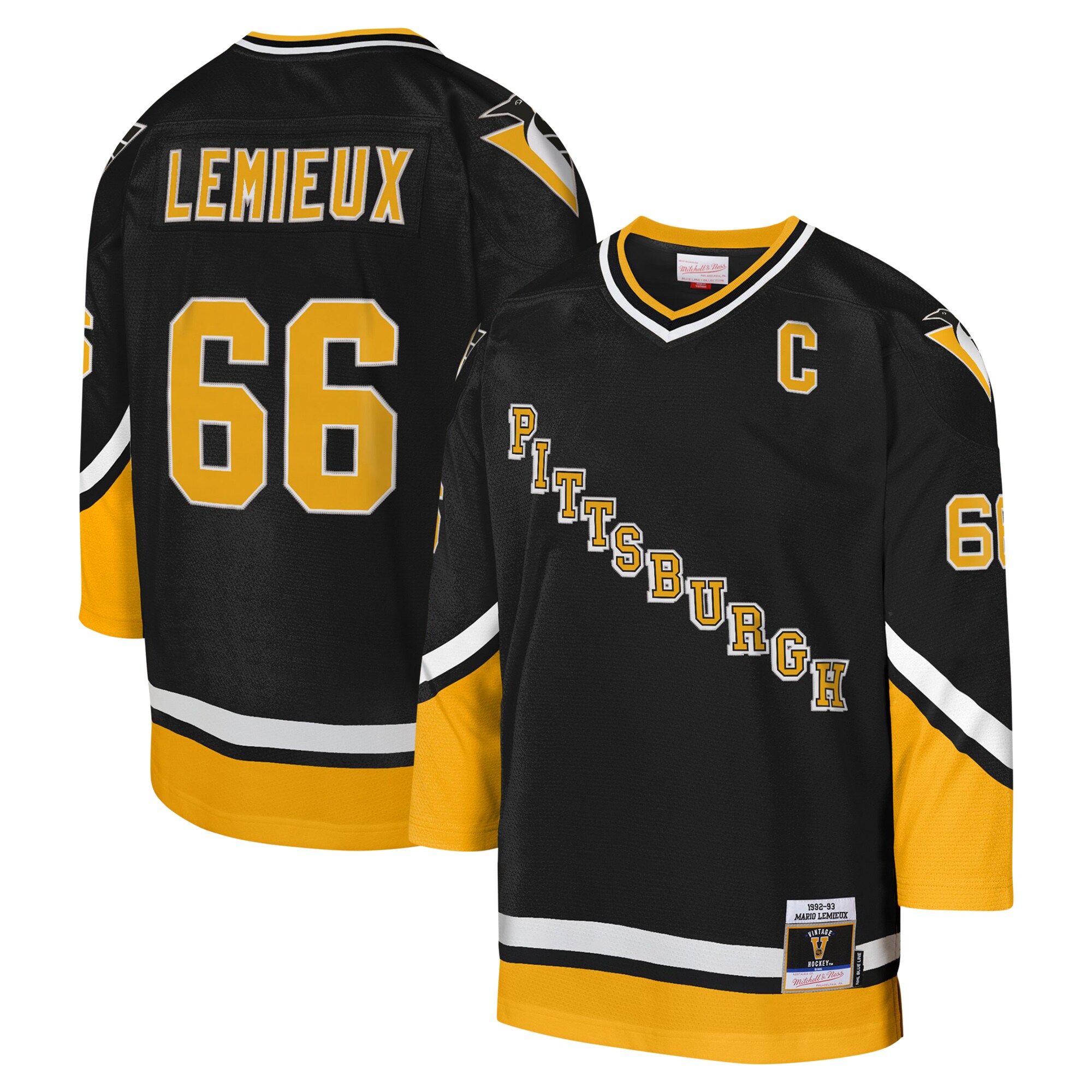 Pittsburgh Penguins Mario Lemieux Mitchell Ness Black 1992-93 Blue Line Captain Patch Player NHL Jersey Youth