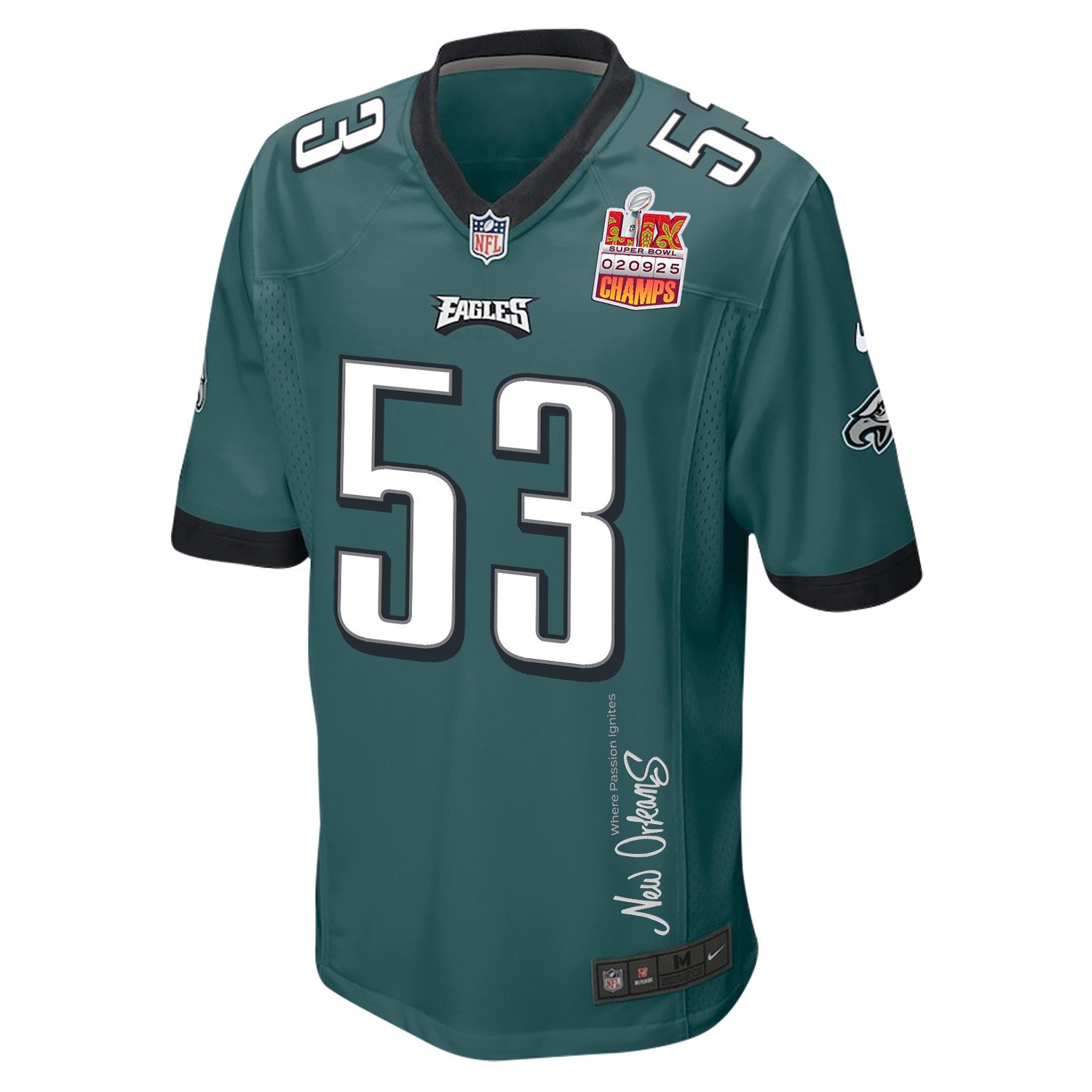 Zack Baun 53 Philadelphia Eagles Super Bowl LIX Champions Patch New Orleans Where Passion Ignites' EMBROIDERED Game Midnight Green NFL Jersey Men's