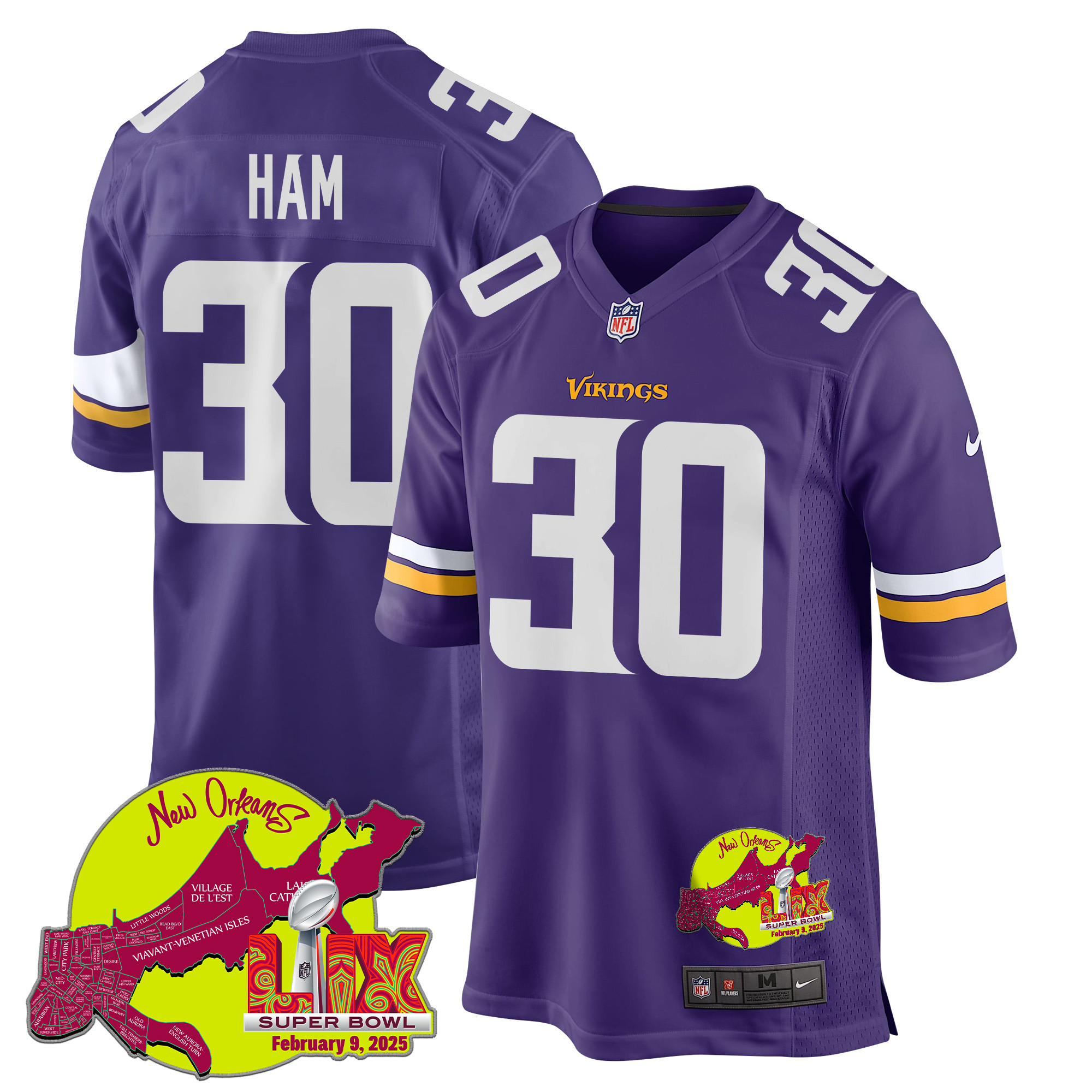 C.J. Ham 30 Minnesota Vikings Super Bowl LIX New Orleans Patch Game Purple NFL Jersey Men's