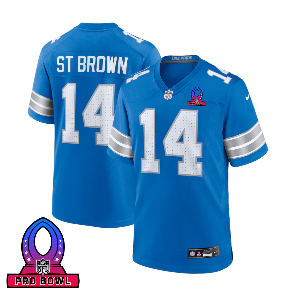 Amon-Ra St. Brown 14 Detroit Lions 2025 Pro Bowl Patch Game Blue NFL Jersey Men's