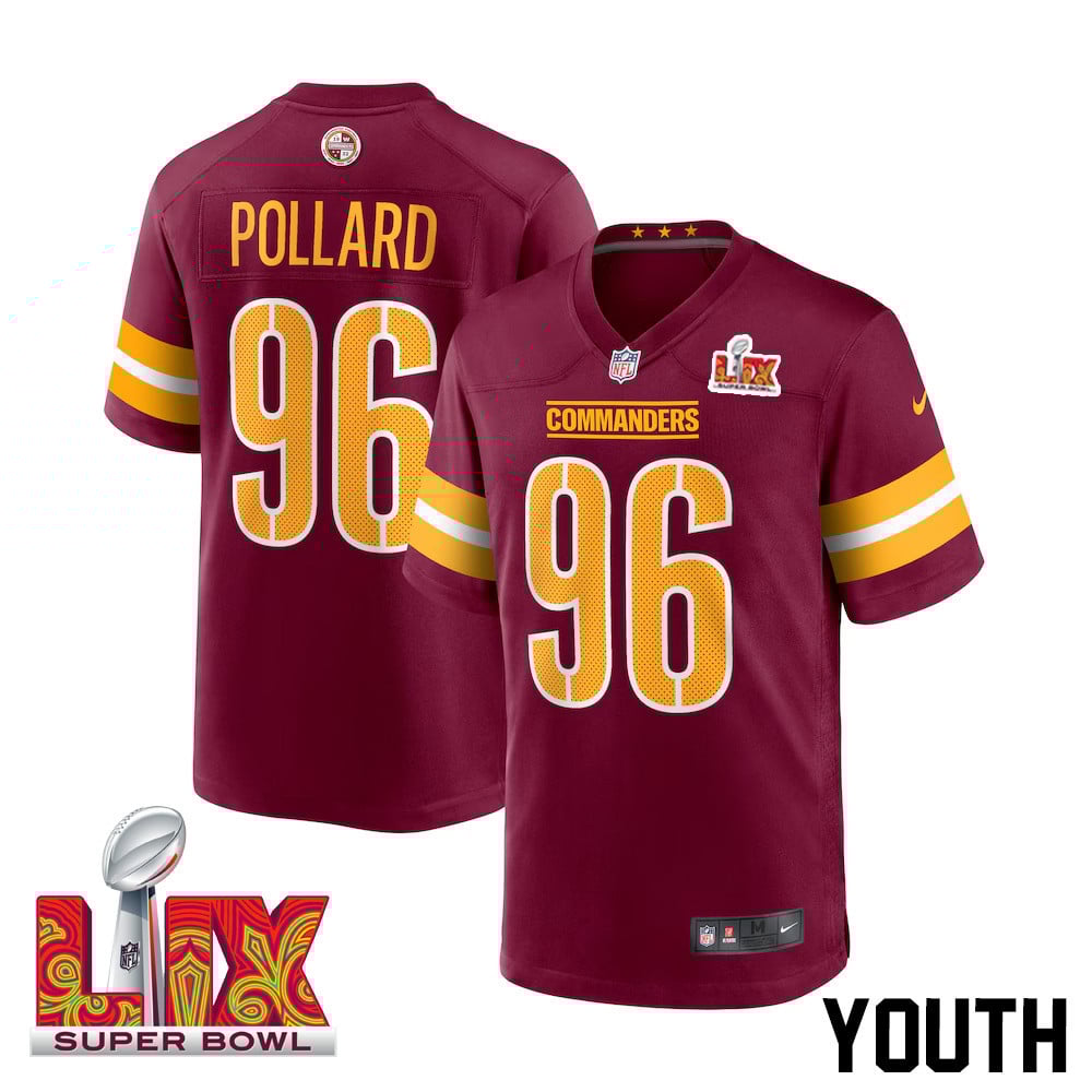 Norell Pollard #96 Washington Commanders Super Bowl LIX Burgundy NFL Jersey Youth