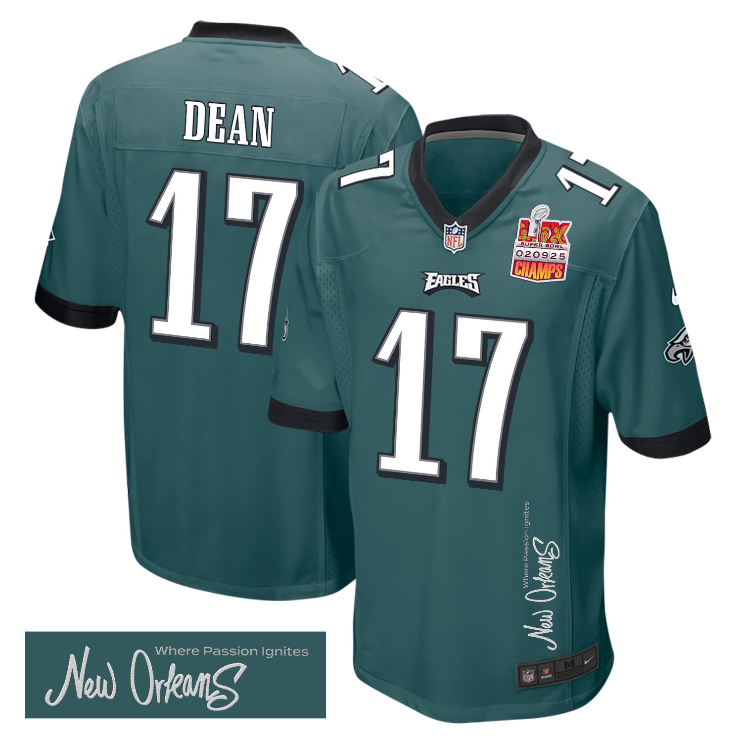 Nakobe Dean 17 Philadelphia Eagles Super Bowl LIX Champions Patch New Orleans Where Passion Ignites' EMBROIDERED Game Midnight Green NFL Jersey Men's