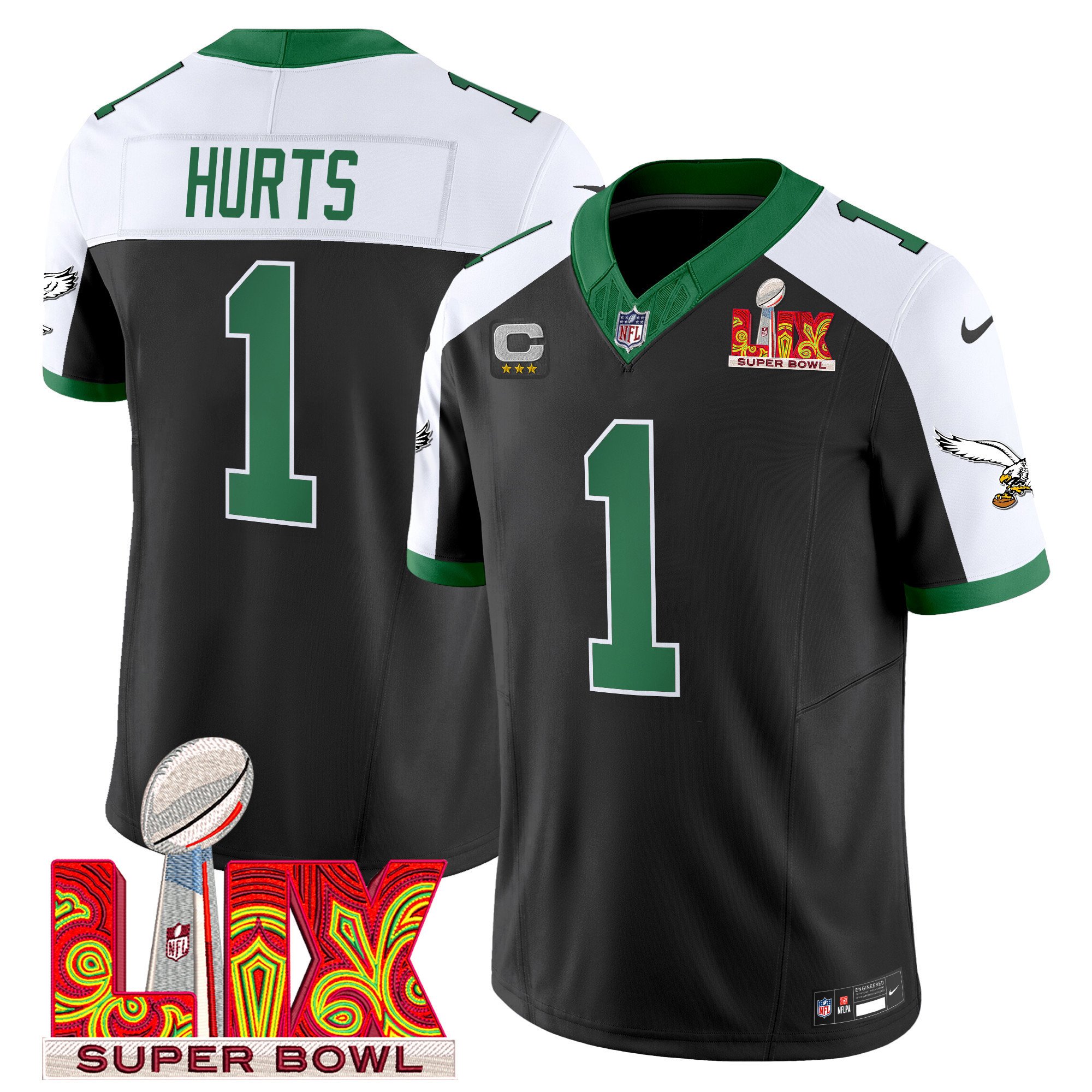 Jalen Hurts 1 Philadelphia Eagles Kelly Green Super Bowl Champions LIX Patch Vapor Limited Black Alternate NFL Jersey Men's