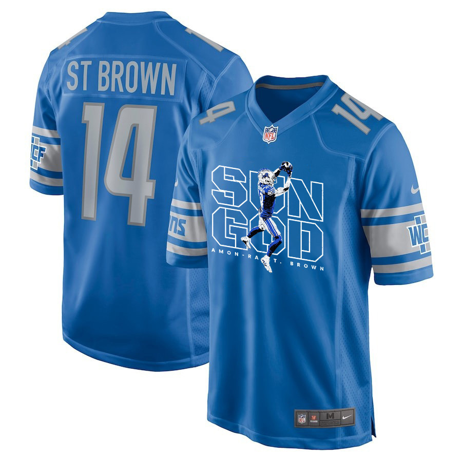 Amon-Ra St. Brown 14 Detroit Lions Sun God Game Blue NFL Jersey Men's