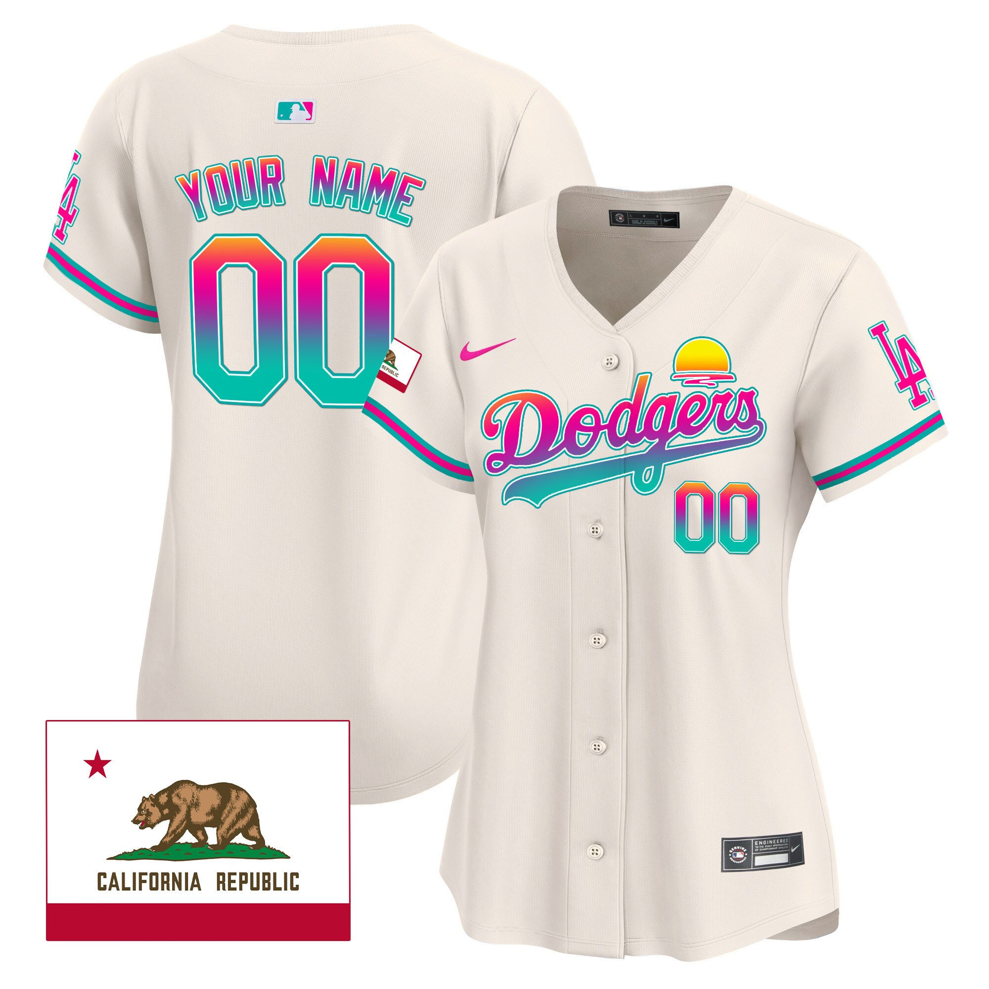 Los Angeles Dodgers 2024 Los Angeles City Style California Republic Patch Custom Cream MLB Jersey Women's