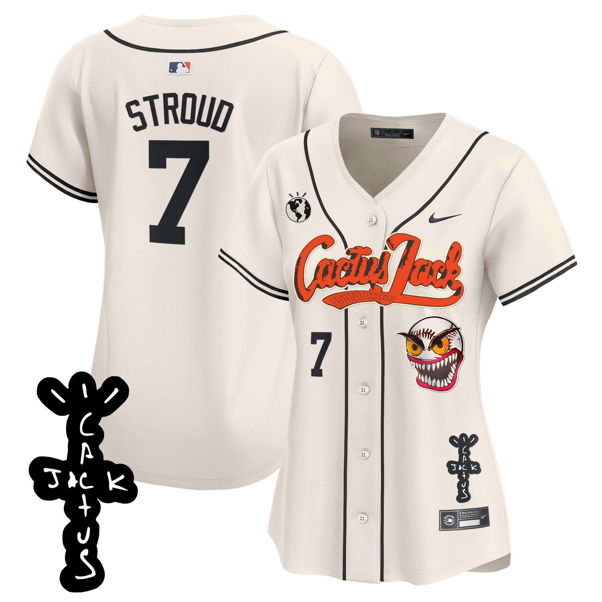 CJ Stroud 7 Houston Astros Cactus Jack Patch V2 Cream MLB Jersey Women's