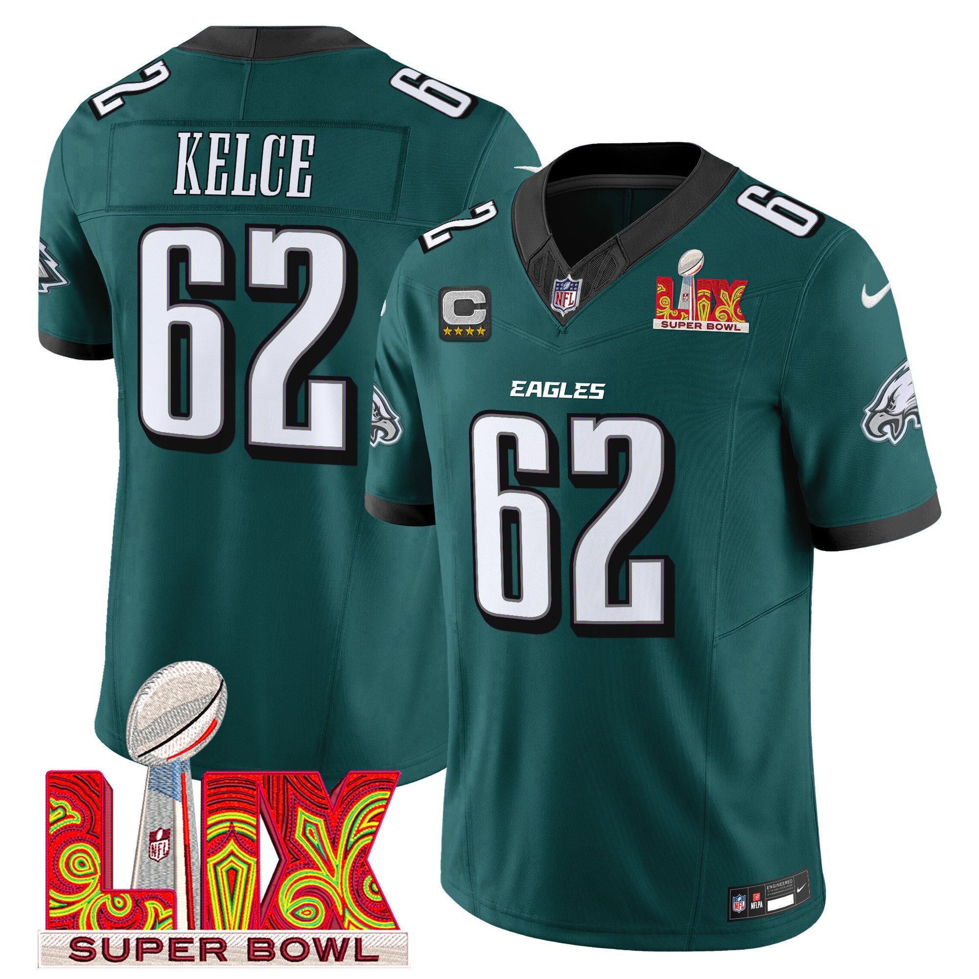 Jason Kelce 62 Philadelphia Eagles Super Bowl Champions LIX Patch Vapor Limited Midnight Green NFL Jersey Men's