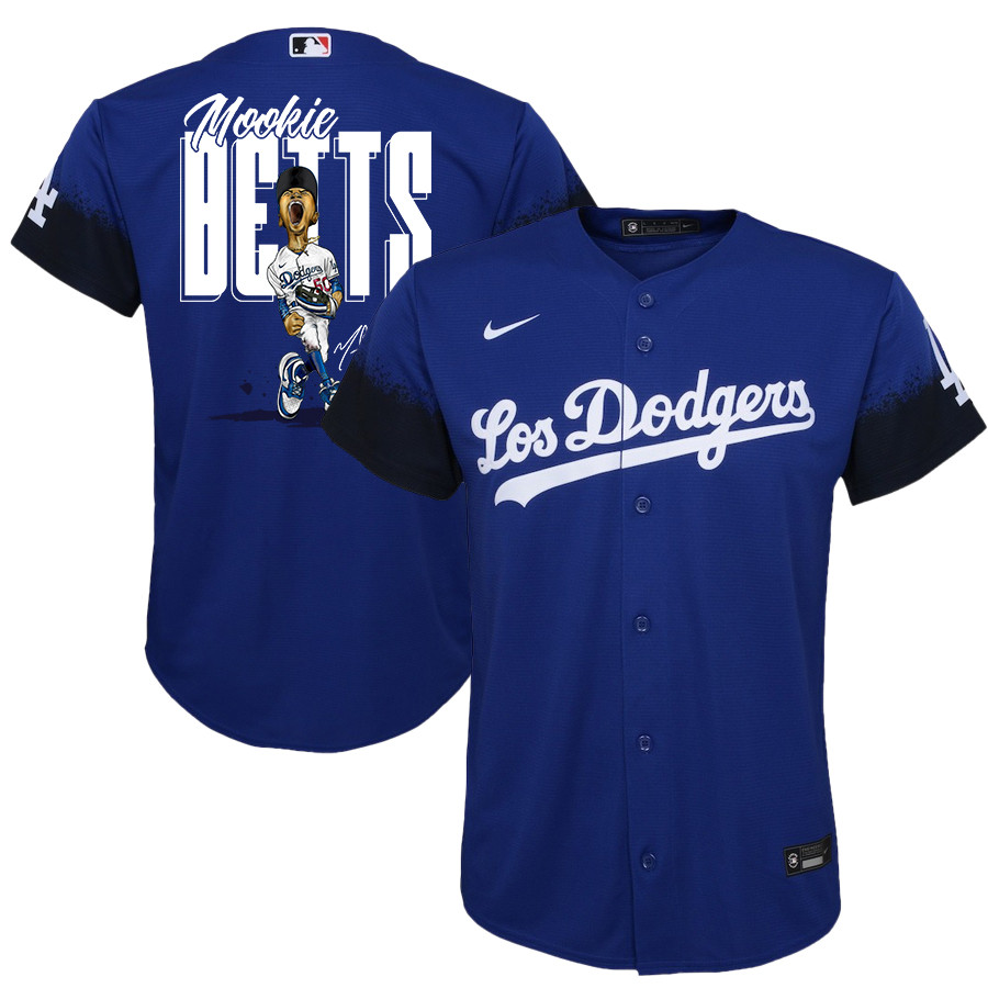 Mookie Betts 50 Los Angeles Dodgers Signed Cartoon 2023 City Connect Player Royal MLB Jersey Youth