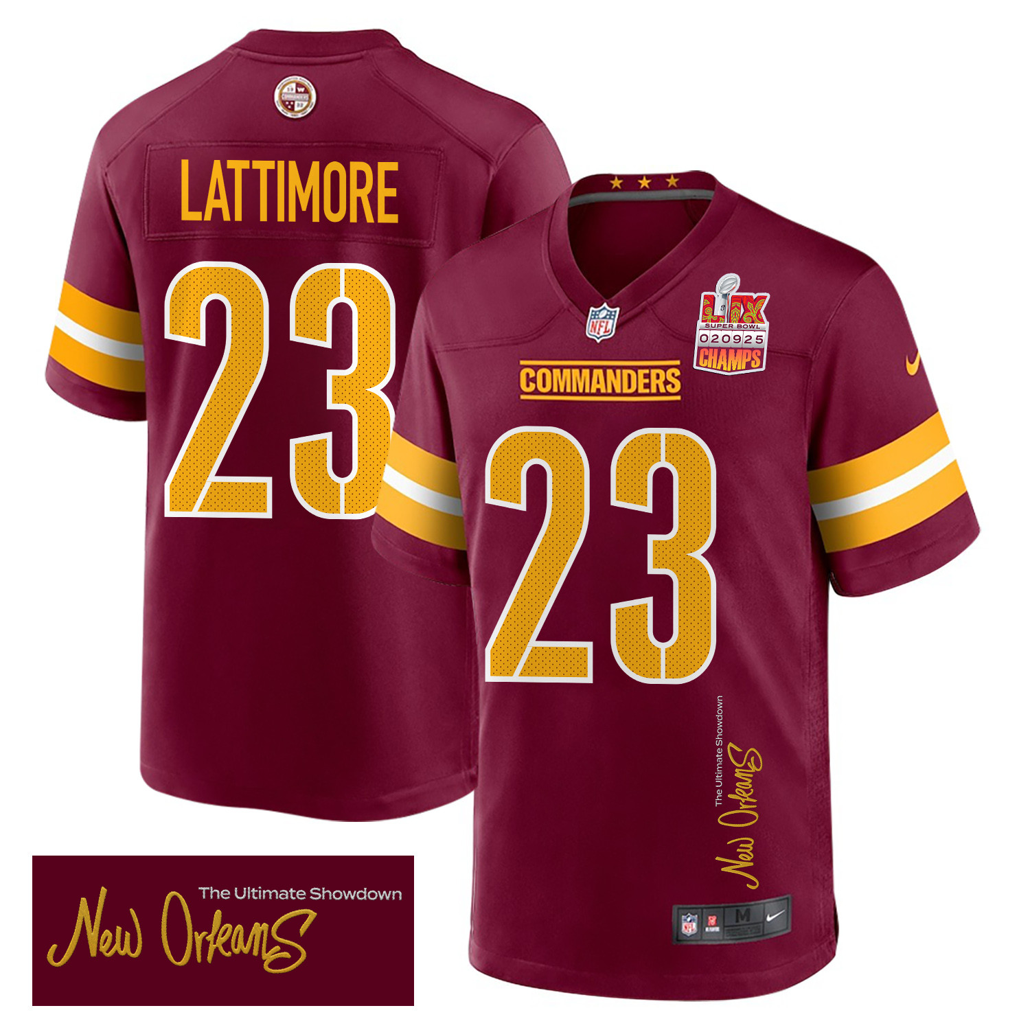 Marshon Lattimore 23 Washington Commanders Super Bowl LIX Champions Patch New Orleans The Ultimate Showdown' EMBROIDERED Game Burgundy NFL Jersey Men's