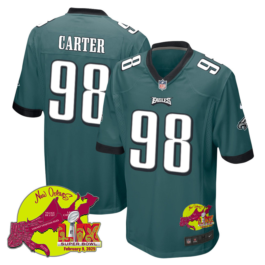 Jalen Carter 98 Philadelphia Eagles Super Bowl LIX New Orleans Patch Game Midnight Green NFL Jersey Men's