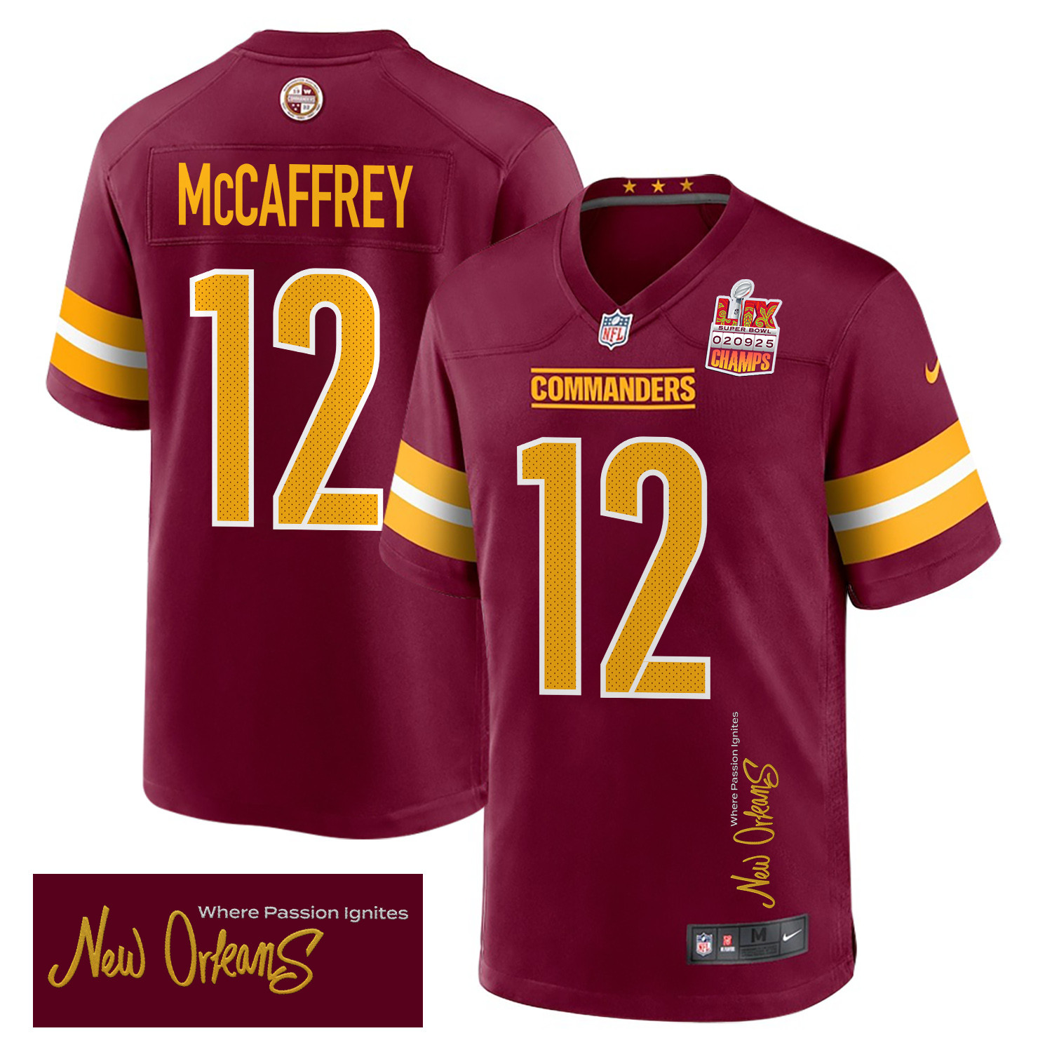 Luke McCaffrey 12 Washington Commanders Super Bowl LIX Champions Patch New Orleans Where Passion Ignites' EMBROIDERED Game Burgundy NFL Jersey Men's