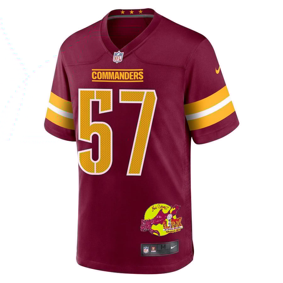 Nick Bellore 57 Washington Commanders Super Bowl LIX New Orleans Patch Game Burgundy NFL Jersey Men's