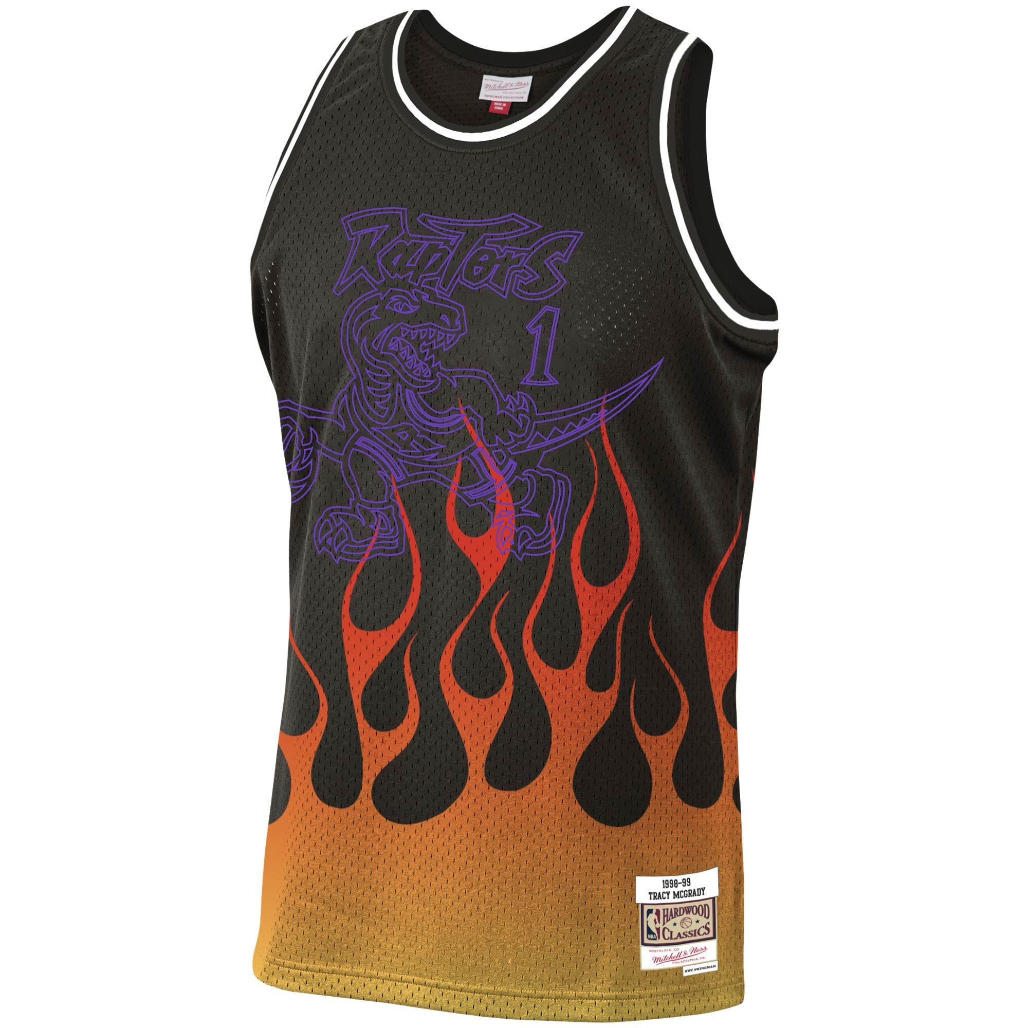 Tracy Mcgrady Toronto Raptors Mitchell Ness 1998-99 Hardwood Classics Flames Swingman Black NBA Jersey Men's