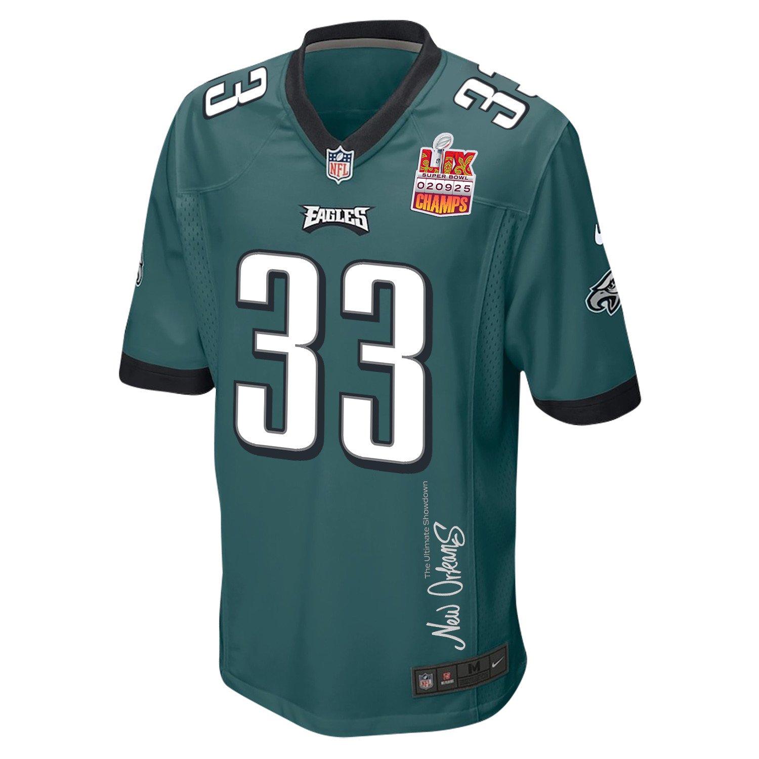 Cooper DeJean 33 Philadelphia Eagles Super Bowl LIX Champions Patch New Orleans The Ultimate Showdown' EMBROIDERED Game Midnight Green NFL Jersey Men's