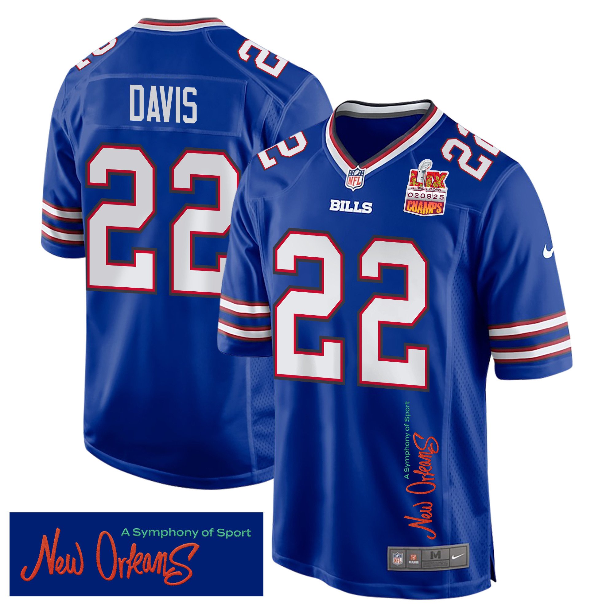 Ray Davis 22 Buffalo Bills Super Bowl LIX Champions Patch New Orleans A Symphony of Sport' EMBROIDERED Game Royal NFL Jersey Men's
